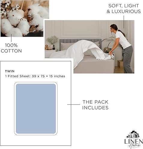 Miniatura 6 de Sábana bajera de 100% algodón percal, tamaño individual, celeste, 1 sábana bajera con bolsillos profundos, ropa de cama fresca y resistente, 39 x 75