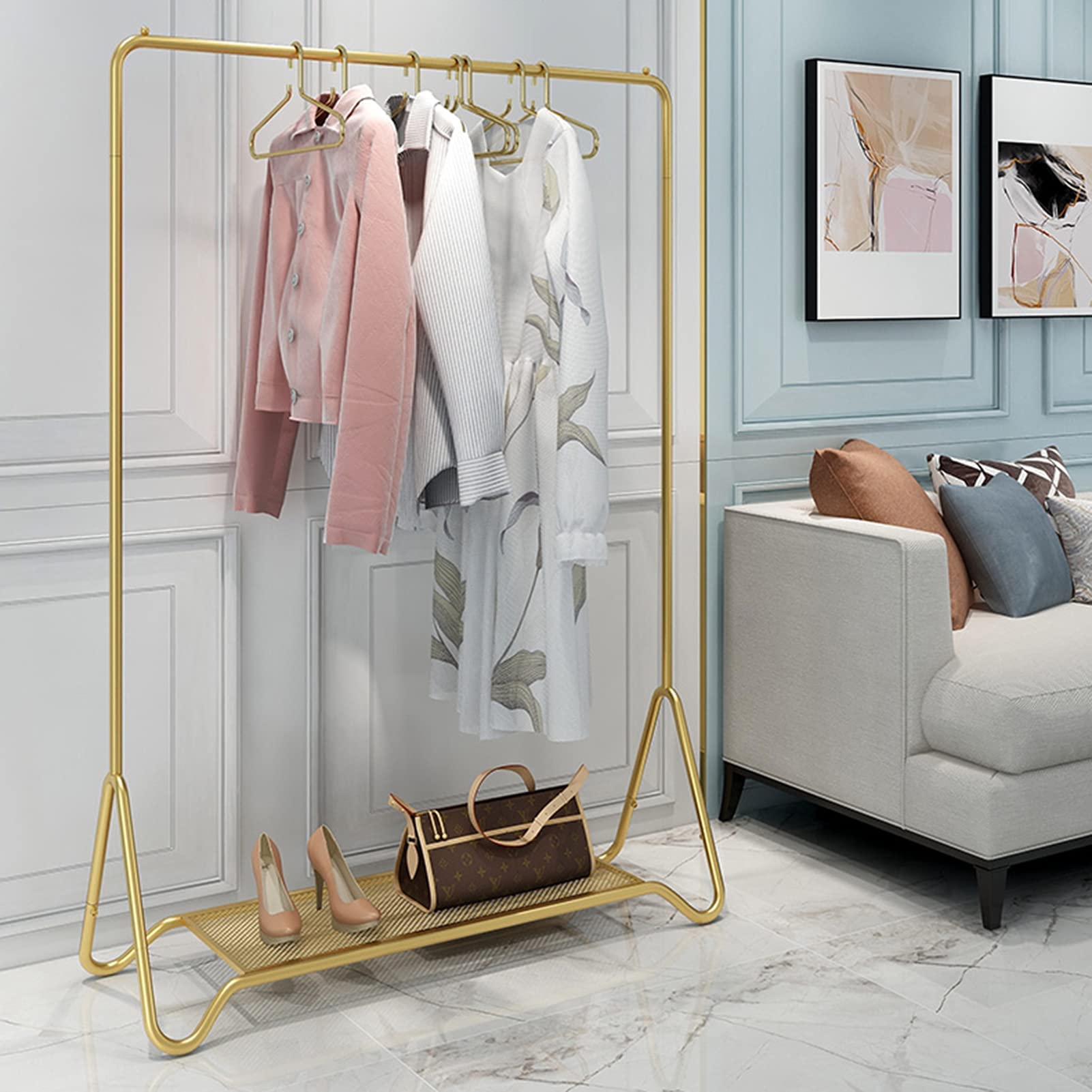 Kleiderständer Wäscheständer Nordic Fashion Metall Kleiderständer Freistehend Einzelstange Schlafzimmer Kleiderständer Mit Ablage Für Boxen Schuhe,3 Größen (Größe:100x40x150CM,Farbe:Gold)