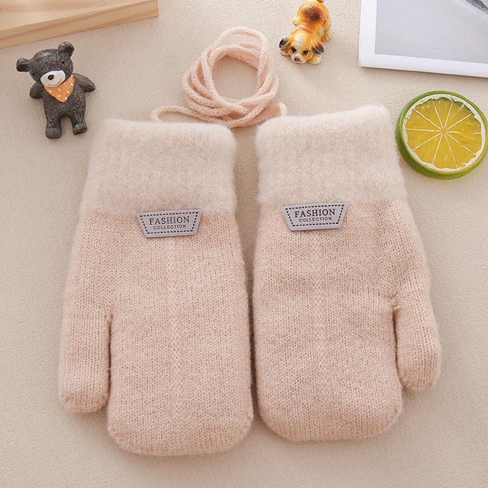 Moufle Enfant Chauffant Hiver Gants Peluche Douce Moufles Plein-doigts Epais Mitaines Tricoté Crochet Gant de Plein Air Ski Snowboard Vélo Anti-froid avec Corde Anti-perdu pour Fille Garçon 1-6 Ans