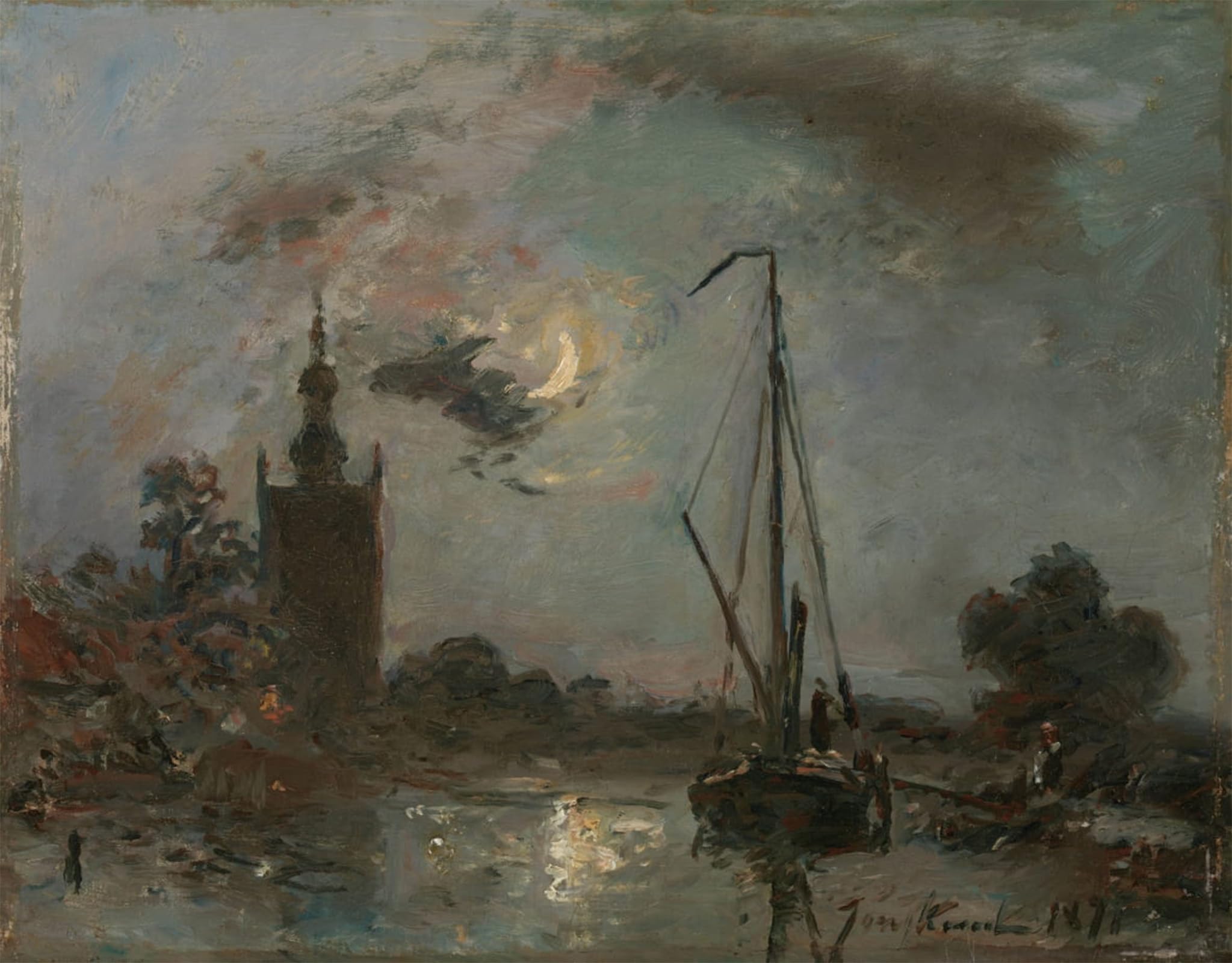 POSTERIIk Vintage Classic Picture Landscape Artwork Overschie in the Moonlight by Johan Barthold Jongkind Portrait Canvas Painting for Office Home Decor 60x90cm