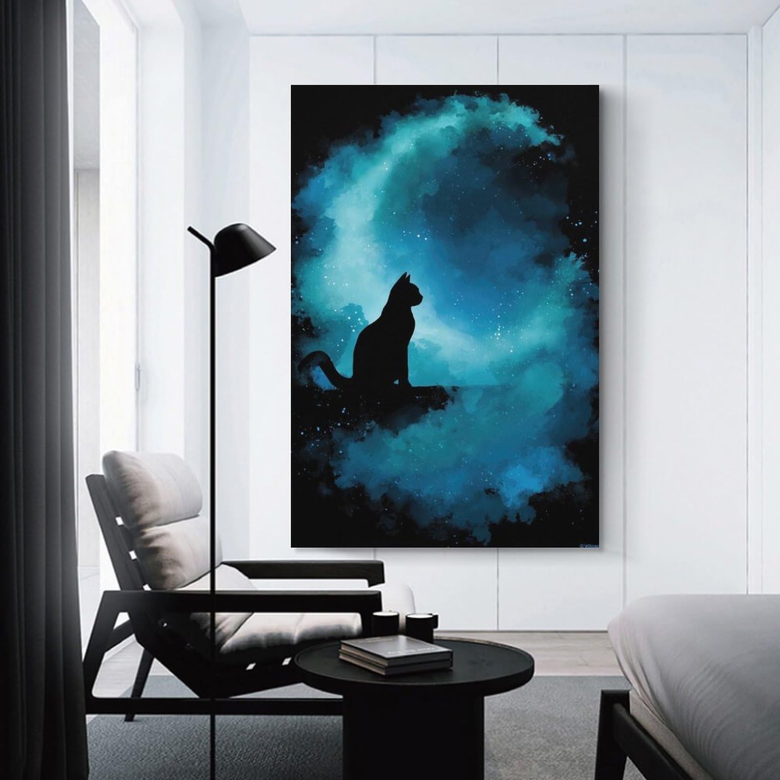 Junmoney Silhouette Cat Stargazing Wall Decor Canvas Print, 24x36inch(60x90cm), for Bedroom, Lounge Or Dressing Area, Decorative Wall Art for Cosy Rooms