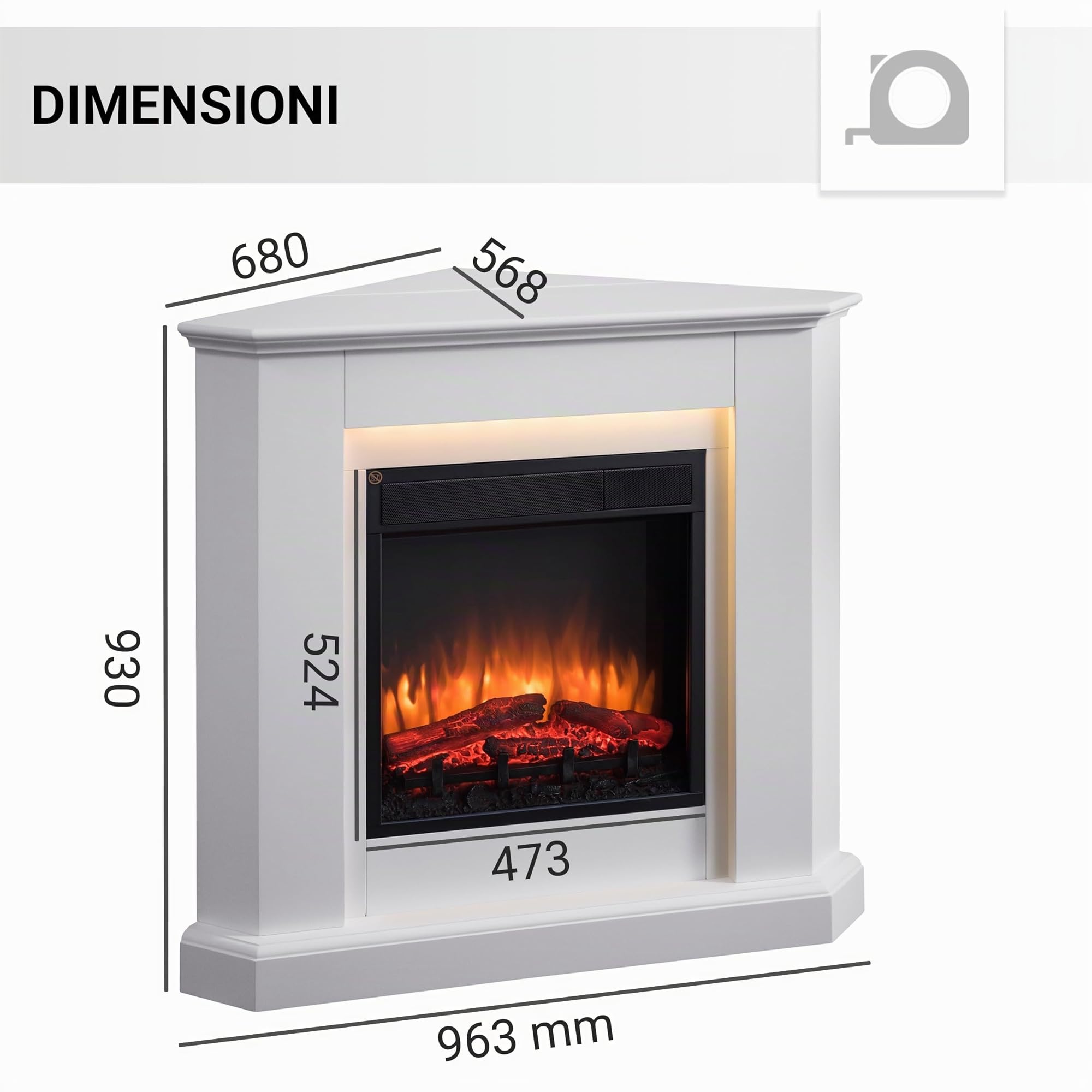 BALDERIA camino elettrico ad angolo Candela | Caminetto elettrico da pavimento con effetto fiamma 3D | Riscaldamento elettrico 2000 W| Focolare con telecomando, timer, termostato | Bianco