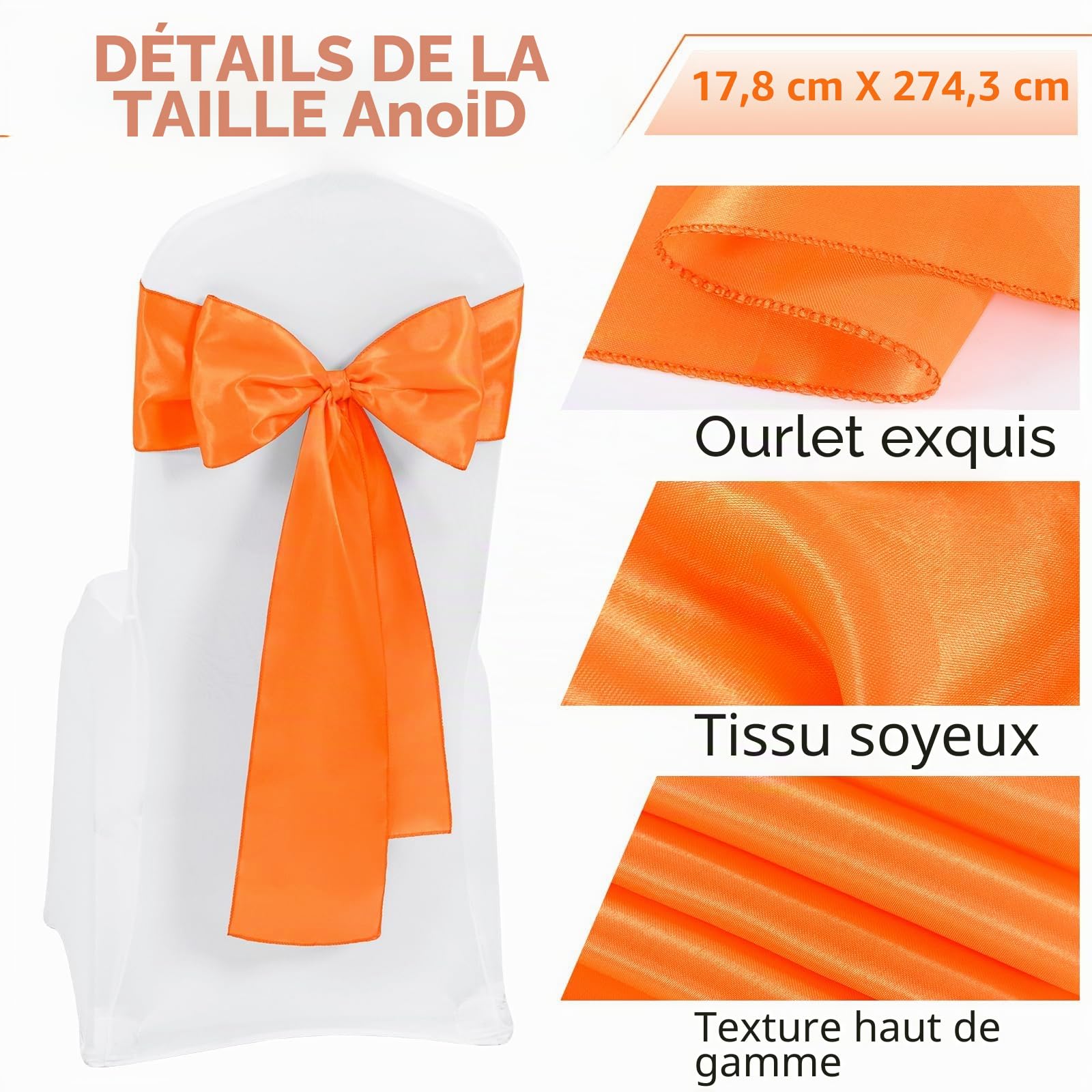 Lot de 60 rubans de chaise en satin orange avec nœuds conçus pour décoration de chaises, Thanksgiving, mariage, Noël, banquet, fête, décoration de la maison et de la cuisine (17,8 x 274,3 cm)
