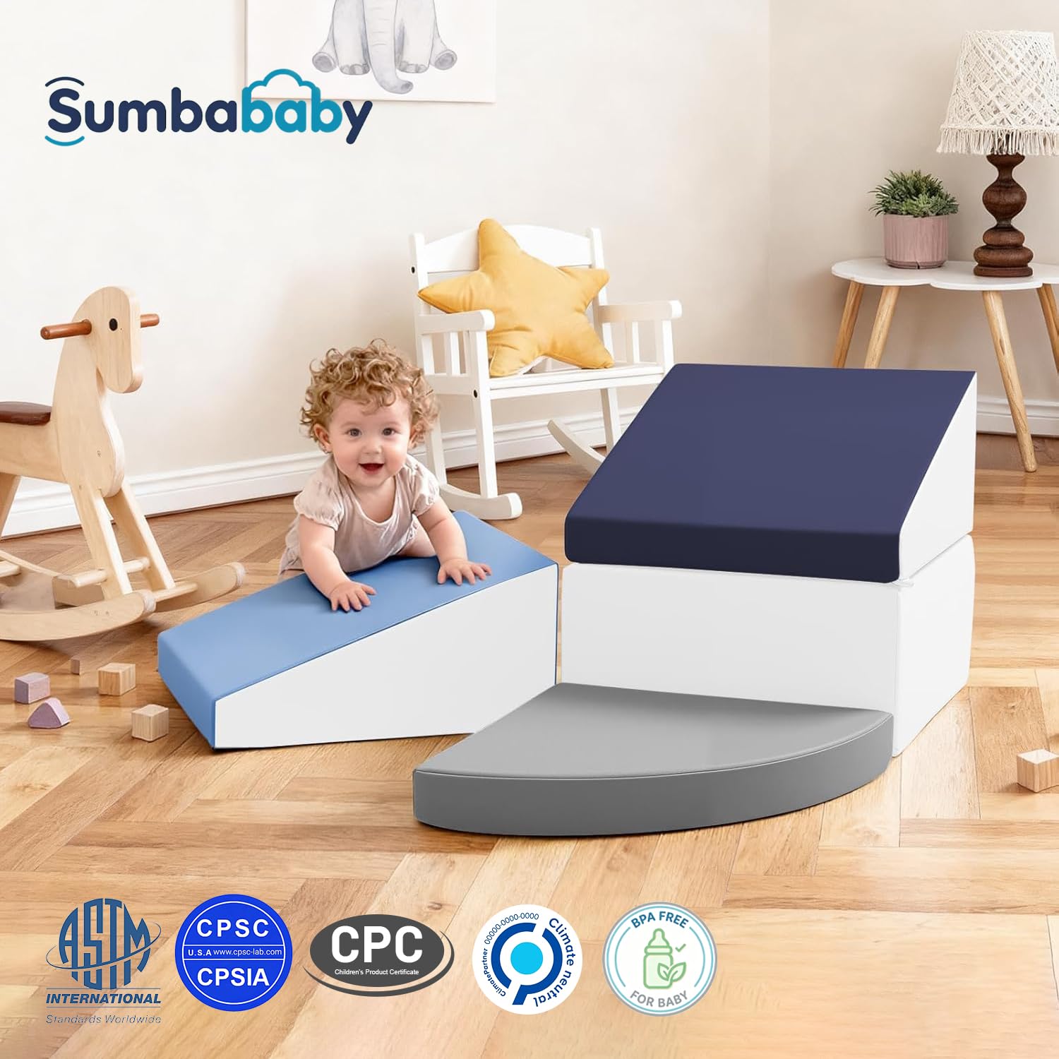 Baby Soft Play Set: 4 Pezzi Blocchi Soft Play in Pelle PU per Bambini - Attrezzatura Soft Play per Bambini Piccoli - Parco Giochi da Interno Giocattoli per Arrampicarsi e Gattonare (Blu)