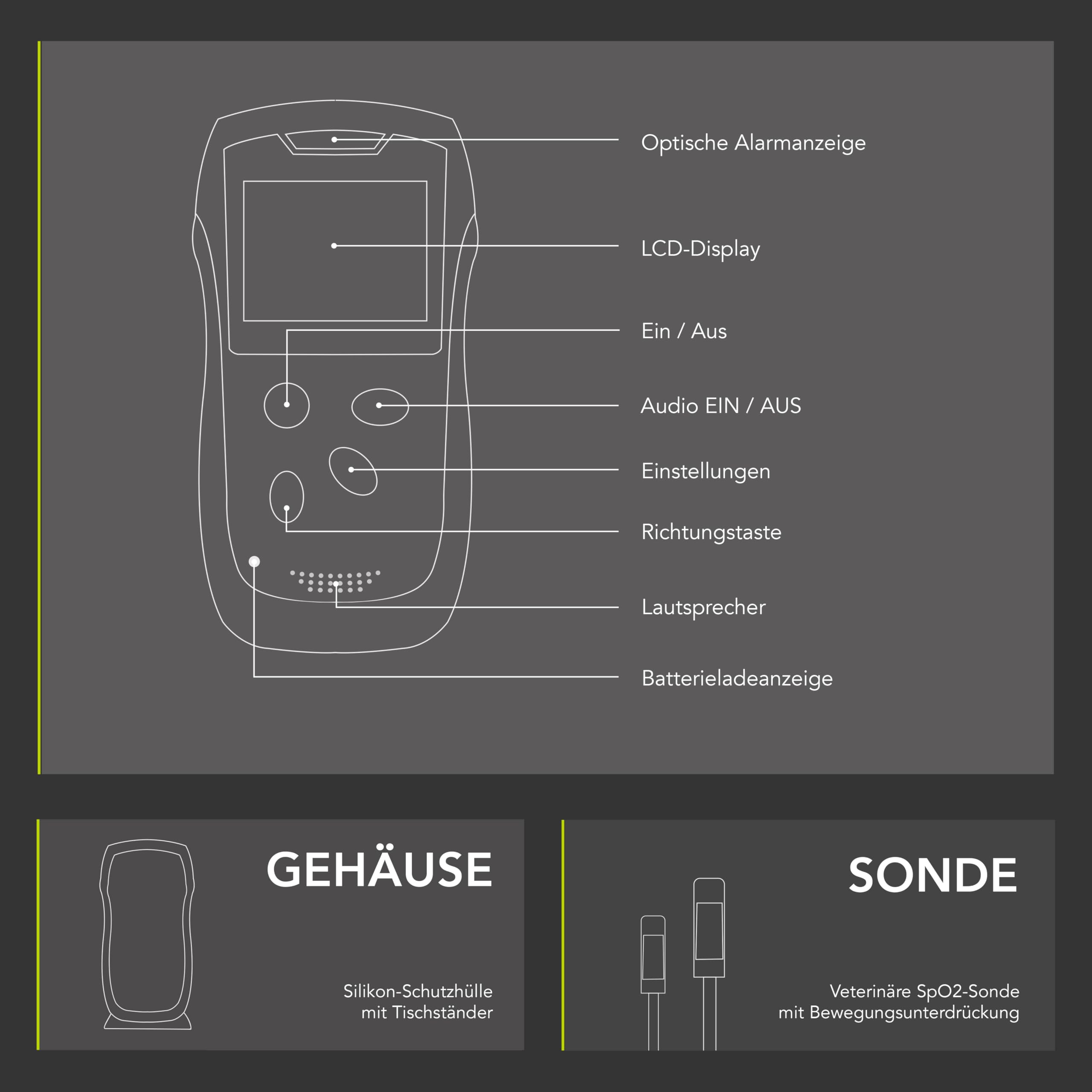AIESI® Pulsoximeter Veterinär Handgerät professionell mit Farbdisplay und Anti-Bewegungs-Lingualsonde A3, Äußerst genaue, Lithium Batterie, Schutzhülle mit Stütze, Garantie 24 Monate