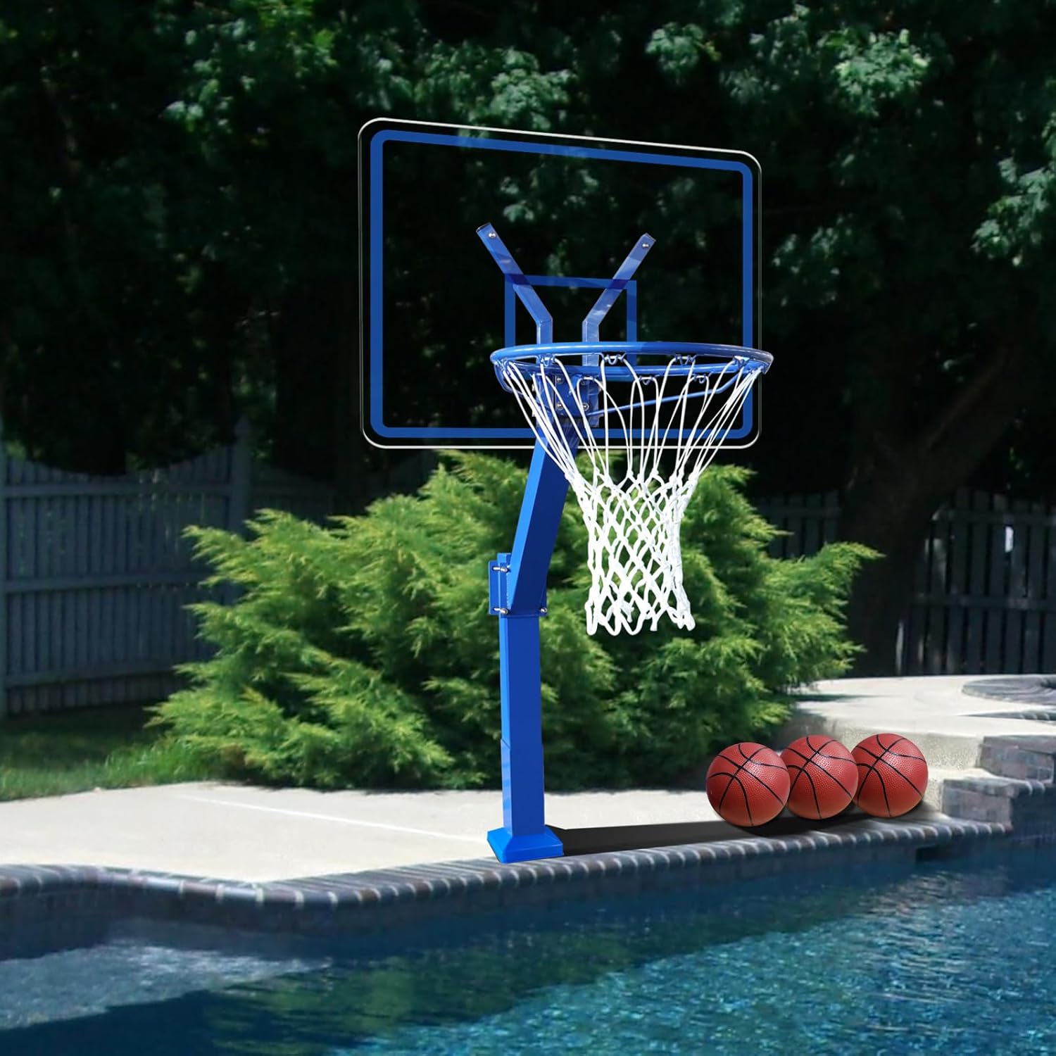 Swimming Pool Basketball Hoop Set with Standard 18'' Rim, All Aluminum Alloy, 3 Balls, 3 Colors, Adjustable Height, Detachable