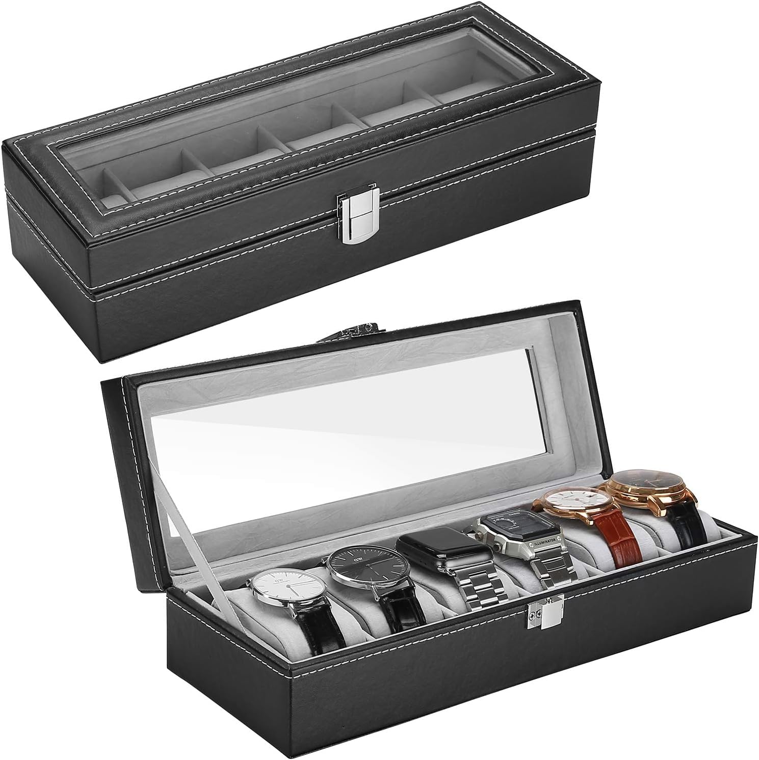 UI Intros 6 Slots Watch Box for Men, Mens Watch Organizer PU Leather Watches Display Case Storage Boxes with Crystal Glass Lid -Black (B0CS3LW1FK) Amazon Price History, Amazon Price Tracker