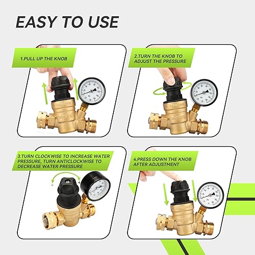 Miniatura 3 de RVMATE Regulador de presión de agua RV con perilla ajustable, kit reductor de presión de agua de latón sin plomo, válvula ajustable con filtro de
