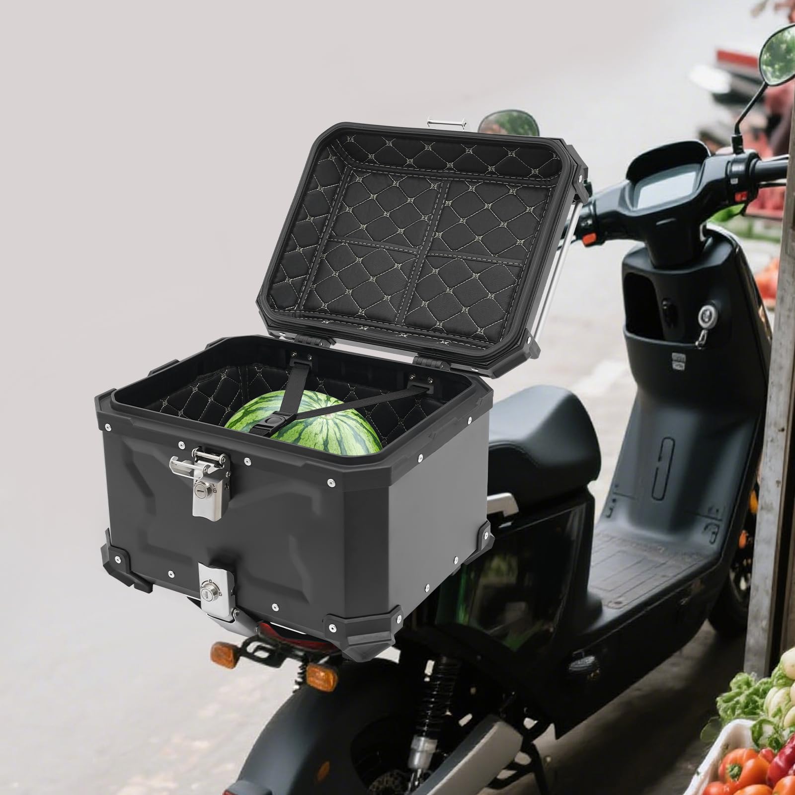 Baúl para moto de 65 L, máx. 10 kg, aleación de aluminio, 56,5 x 39,5 x 30,5 cm, resistente al agua con cerradura y 2 llaves, color negro