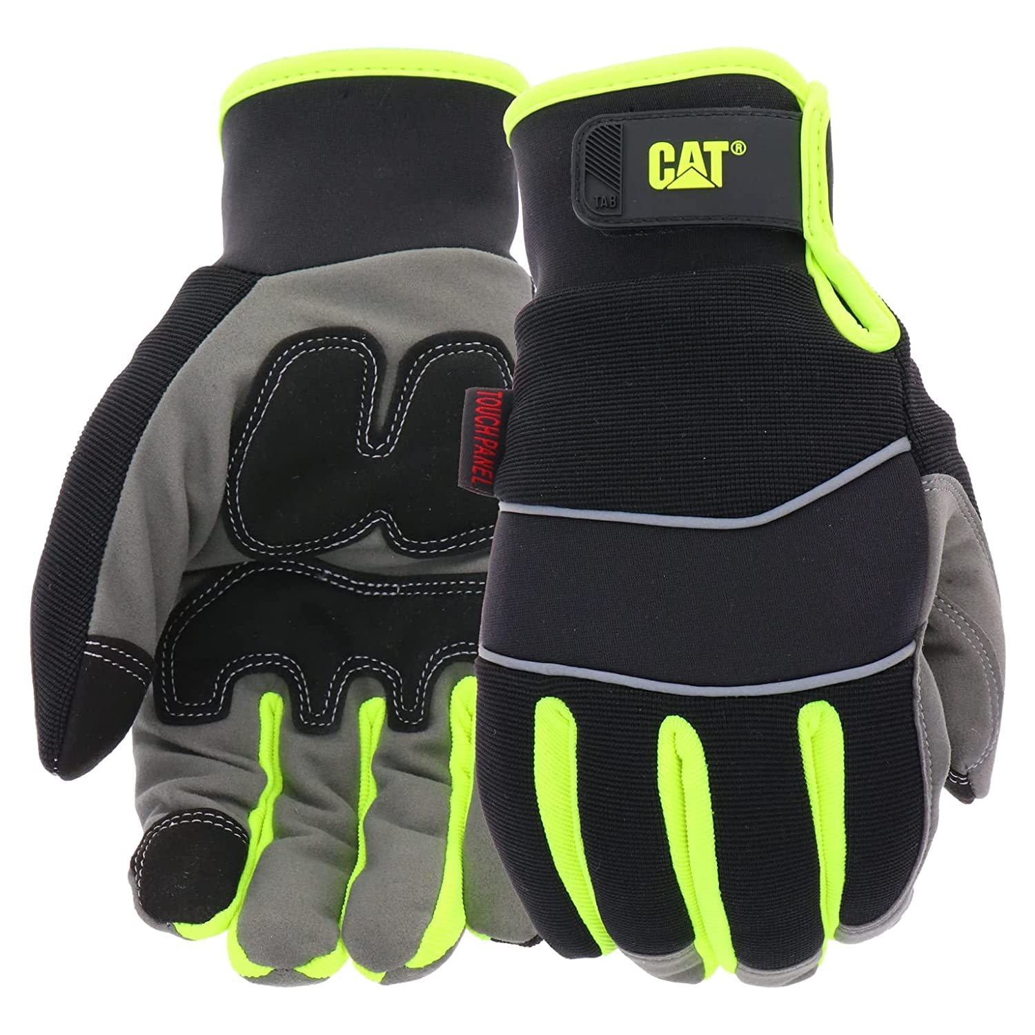 CAT Water Resistant Lined Synthetic Leather Palm Winter Work Gloves, Abrasion Resistant, High Dexterity, High Visibility, Touch Screen Capabilities, Black/Gray/Yellow, Medium, (CAT012227M)