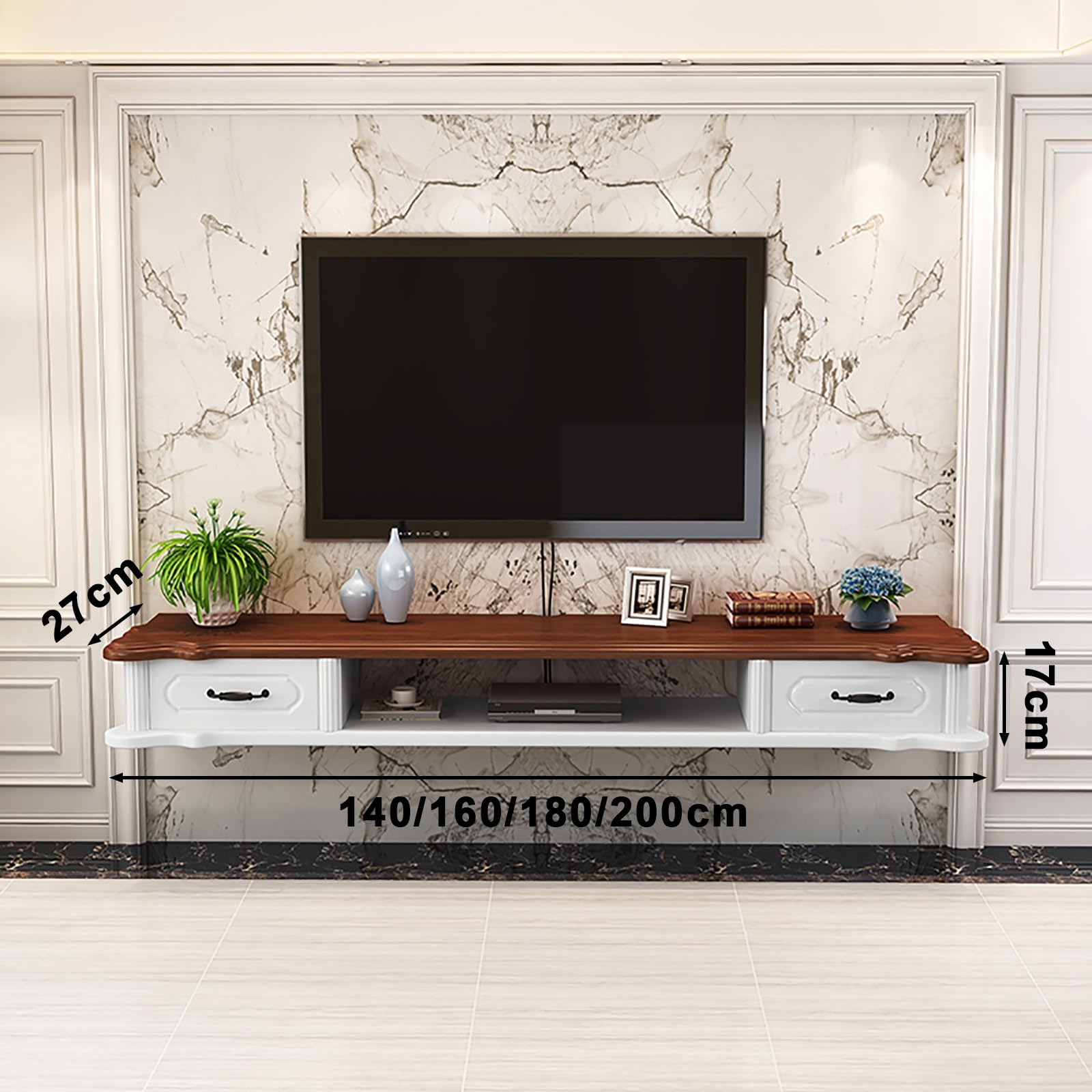 Mobile TV sospeso moderno con ante e cassetti, console di intrattenimento lucida per soggiorno e camera da letto, gestione dei cavi, montaggio a parete, 160 cm, design bianco