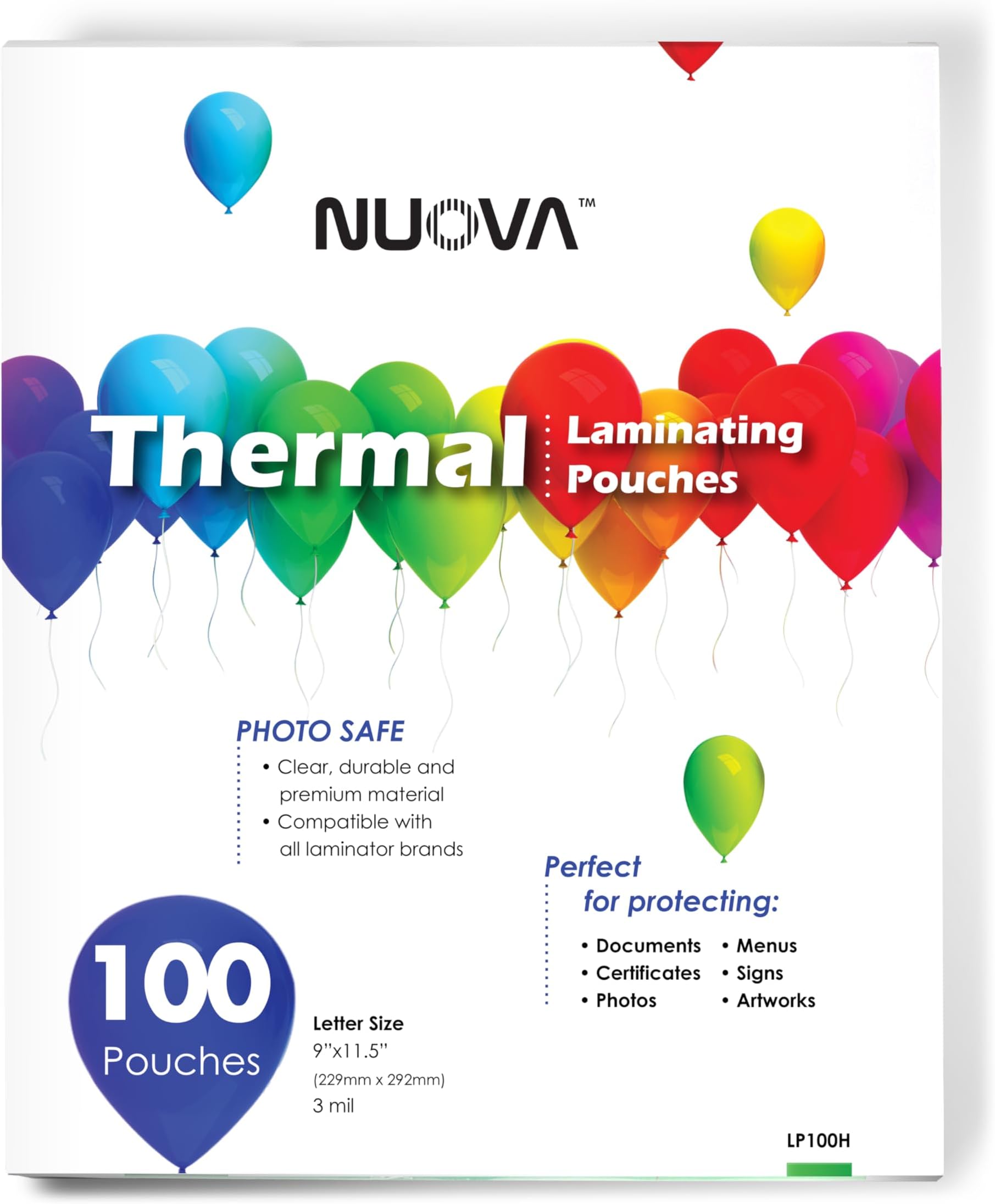 - Nuova Premium Thermal Laminating Pouches 9" x 11.5", Letter Size, 3 mil, 100 Pack (LP100H)
