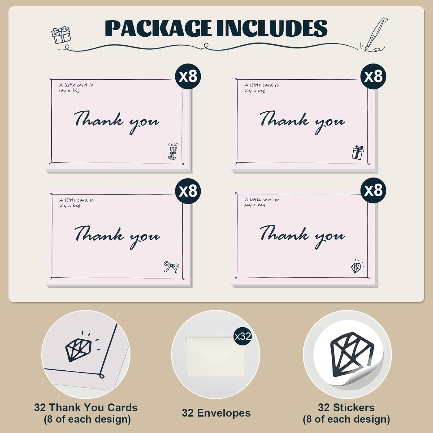 32 Pack Thank You Cards with Envelopes and Sealing Stickers, 4x6 Inch Blank Notes, Hand Painted Designs, 300gsm Premium Cardstock, Bulk Cards for Wedding, Graduation, Baby Shower, Anniversaries - Image 2