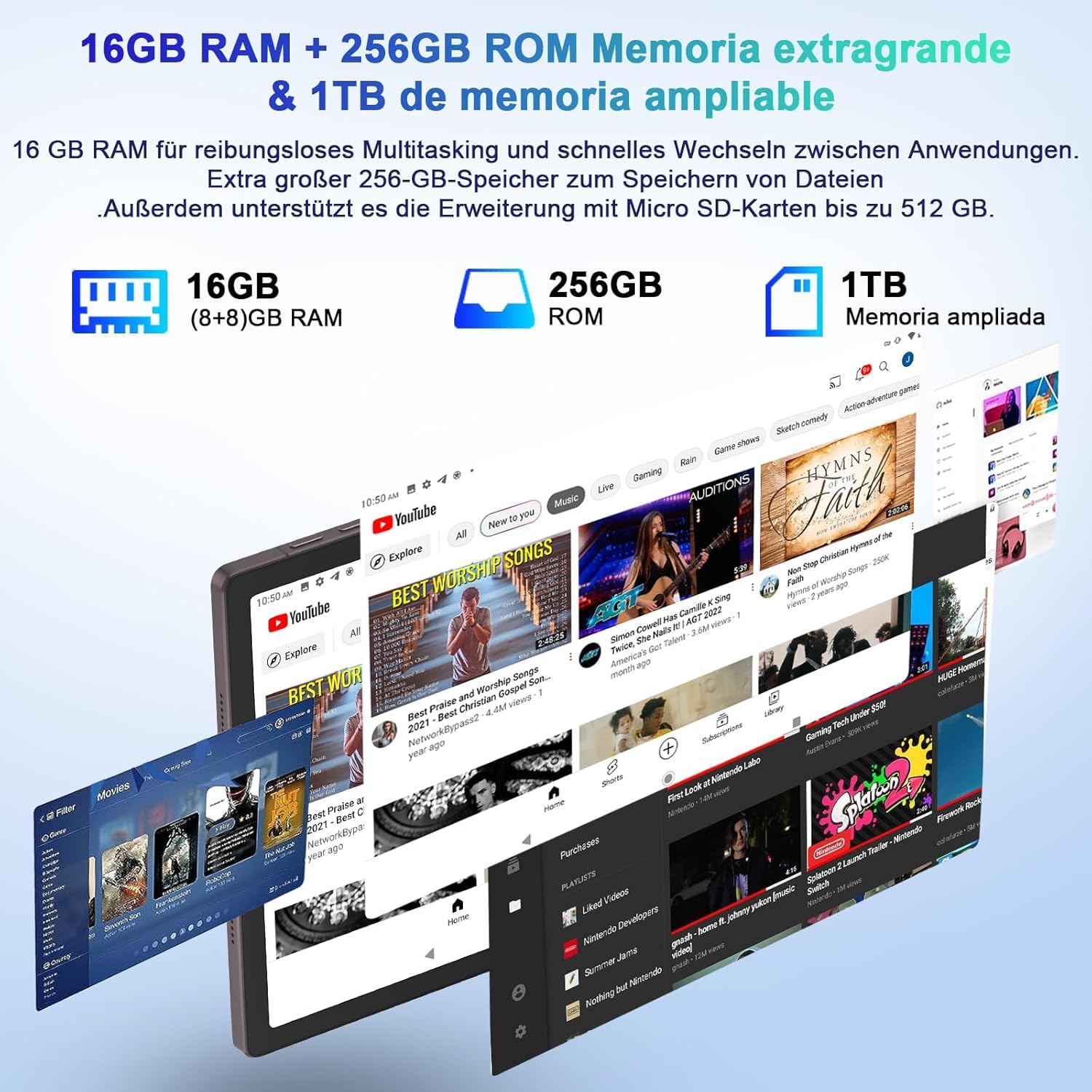 Tablet 11 Pulgadas Pantalla 2K PC 16GB RAM + 256GB ROM + TF 1TB, 10000 mAh/Octa-Core 2.0 GHz / 8MP+20MP+2MP Macro/ 2000 * 1200 Pixels / 5G WiFi/BT5.0/ Tablet con Funda Marrón — view 4