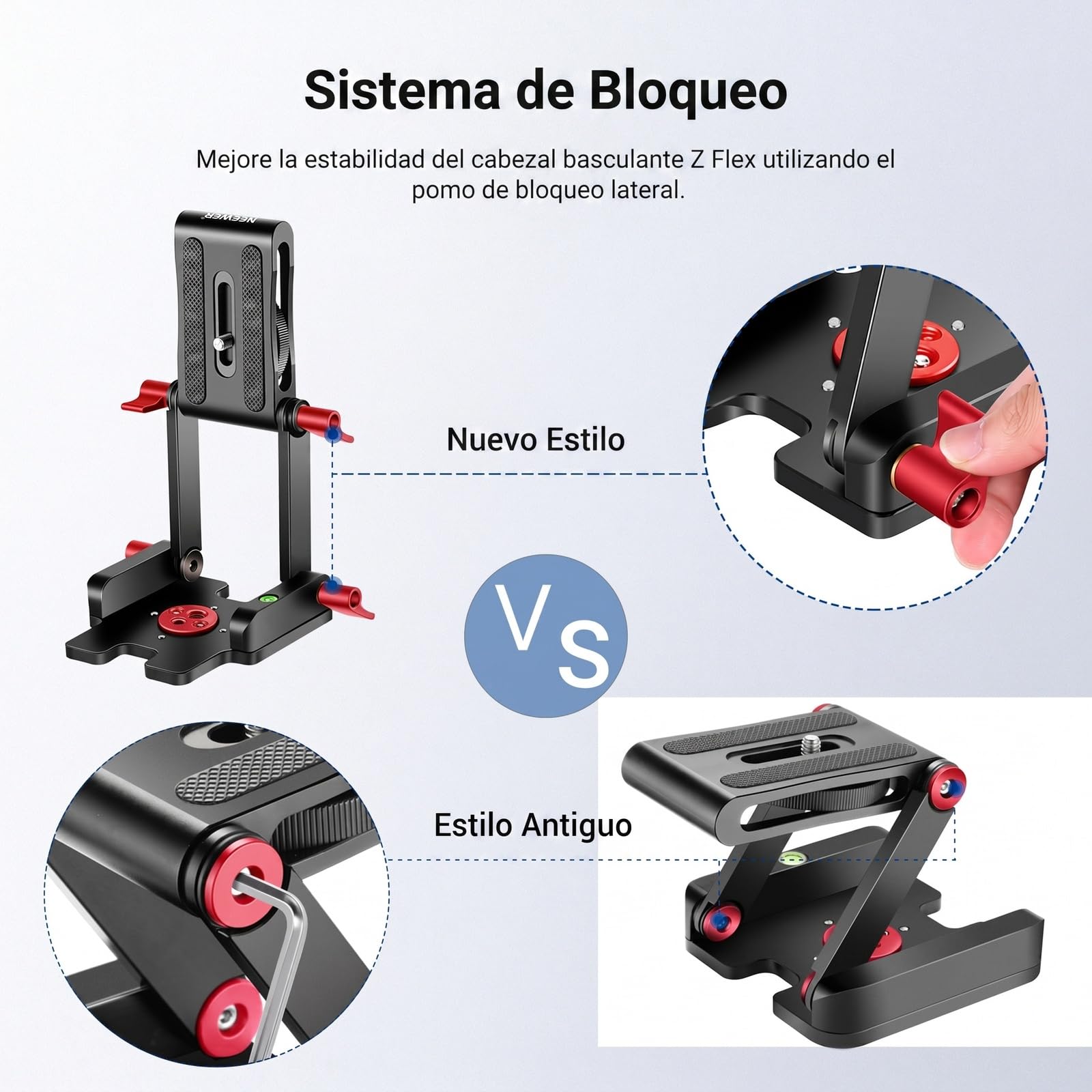Neewer Actualizado Z-Flex Cabezal Inclinación Trípode Tipo Z con 4 Perillas Ajuste/Fijación, Placa Liberación Rápida y Nivel Burbuja para Cámaras Trípode/DSLR/Control Deslizante