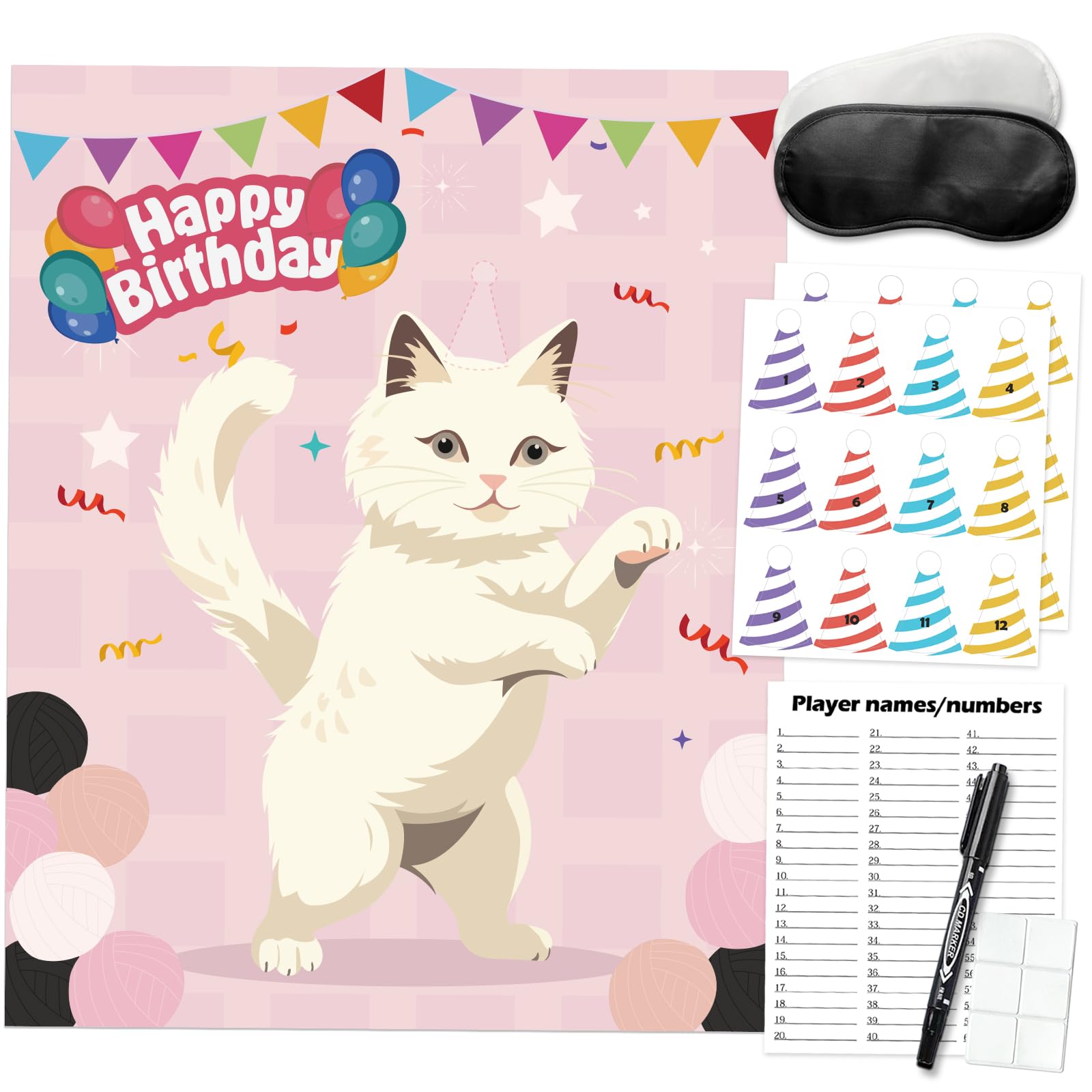 Cat Birthday Party Games, Pin The Hat on The Cat, Cat Themed Pet Party Games Toddlers Preschool Party Supplies Favors for Boys Girls Adults 24 Guests