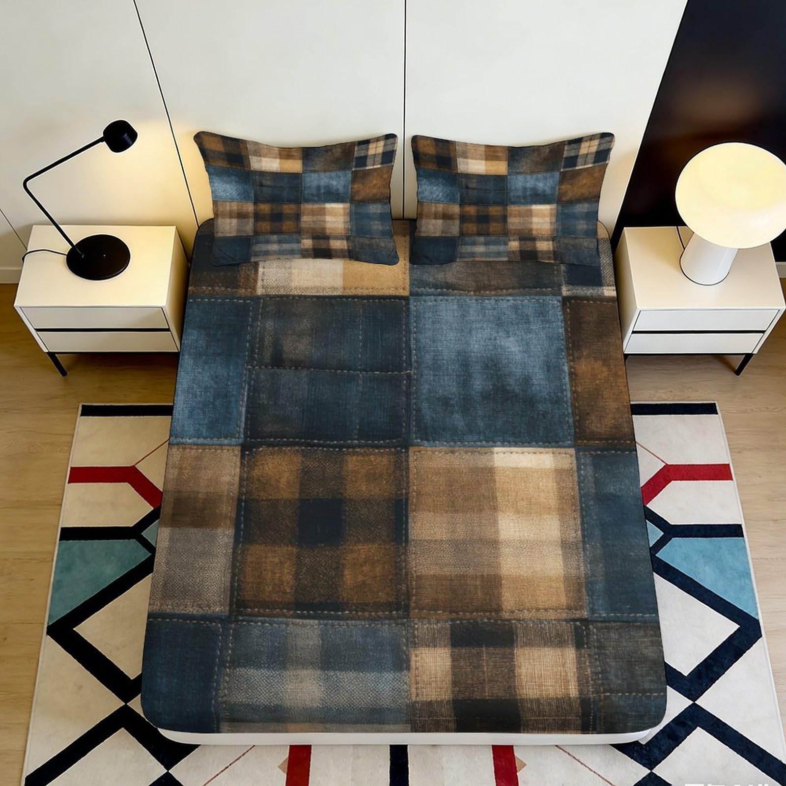 3D Printed Plaid Patchwork Fitted Sheet Microfiber Soft Breathable Vintage Check Mattress Cover for Bedroom Guest Room 90x200x25cm