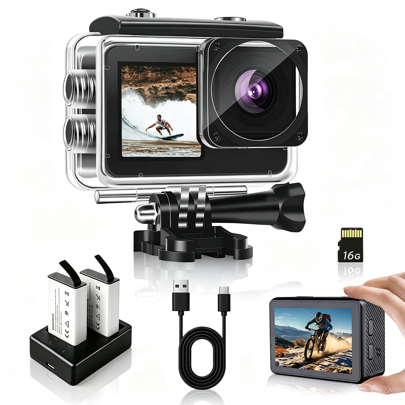 Action Camera 1080P FHD 16MP Underwater Camera with 2" & 1.3" Dual Screen, 131FT/40M Waterproof Vlogging Camera for Sports, Includes 16GB Card, 2x1050mAh Batteries & Mounting Accessories(black)