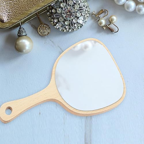 Miniatura 7 de Lurrose Espejo de mano de madera con mango montado en la pared, espejo de baño para mujer, maquillaje salón de viaje