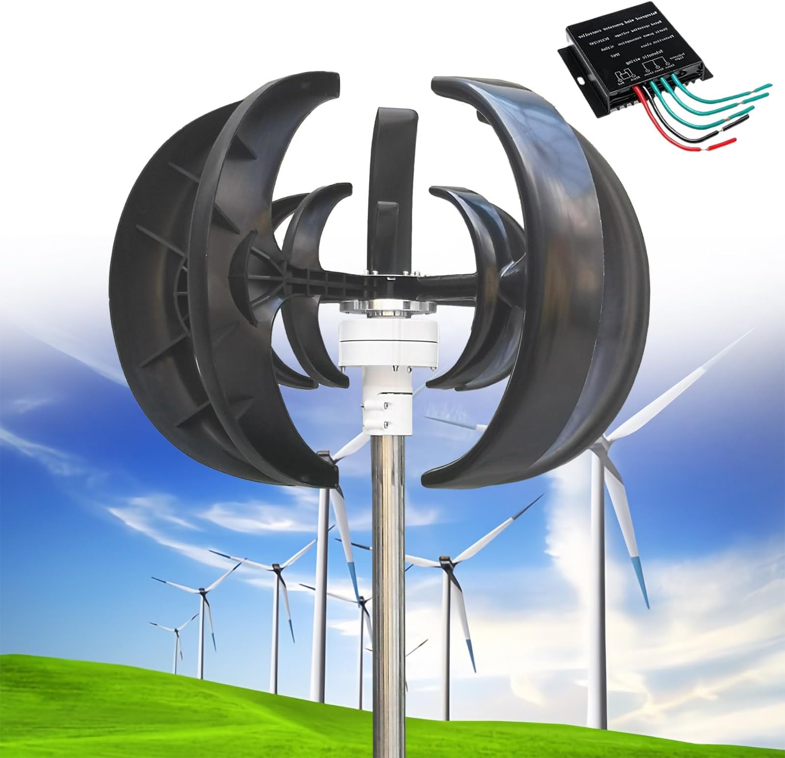 12000W Wind Turbine Generator, 12V/24V/48V 5 Blades Vertical Wind Turbine Kit, 3 Phase AC Generator, Low Wind Speed Starting Wind Power Generator with Controller for Home, Boat, Camping,Black-48V