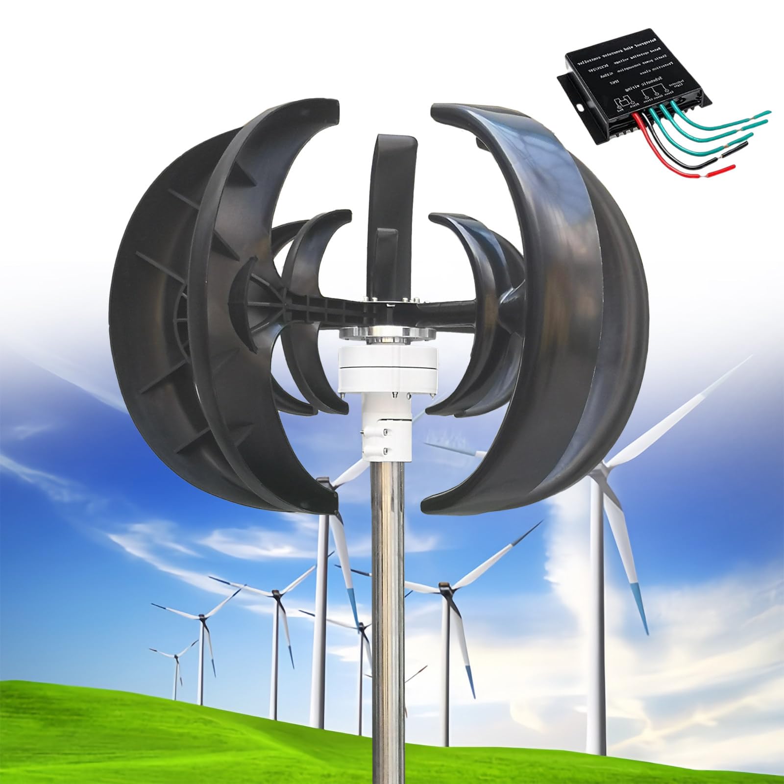 12000W Wind Turbine Generator, 12V/24V/48V 5 Blades Vertical Wind Turbine Kit, 3 Phase AC Generator, Low Wind Speed Starting Wind Power Generator with Controller for Home, Boat, Camping,Black-12V