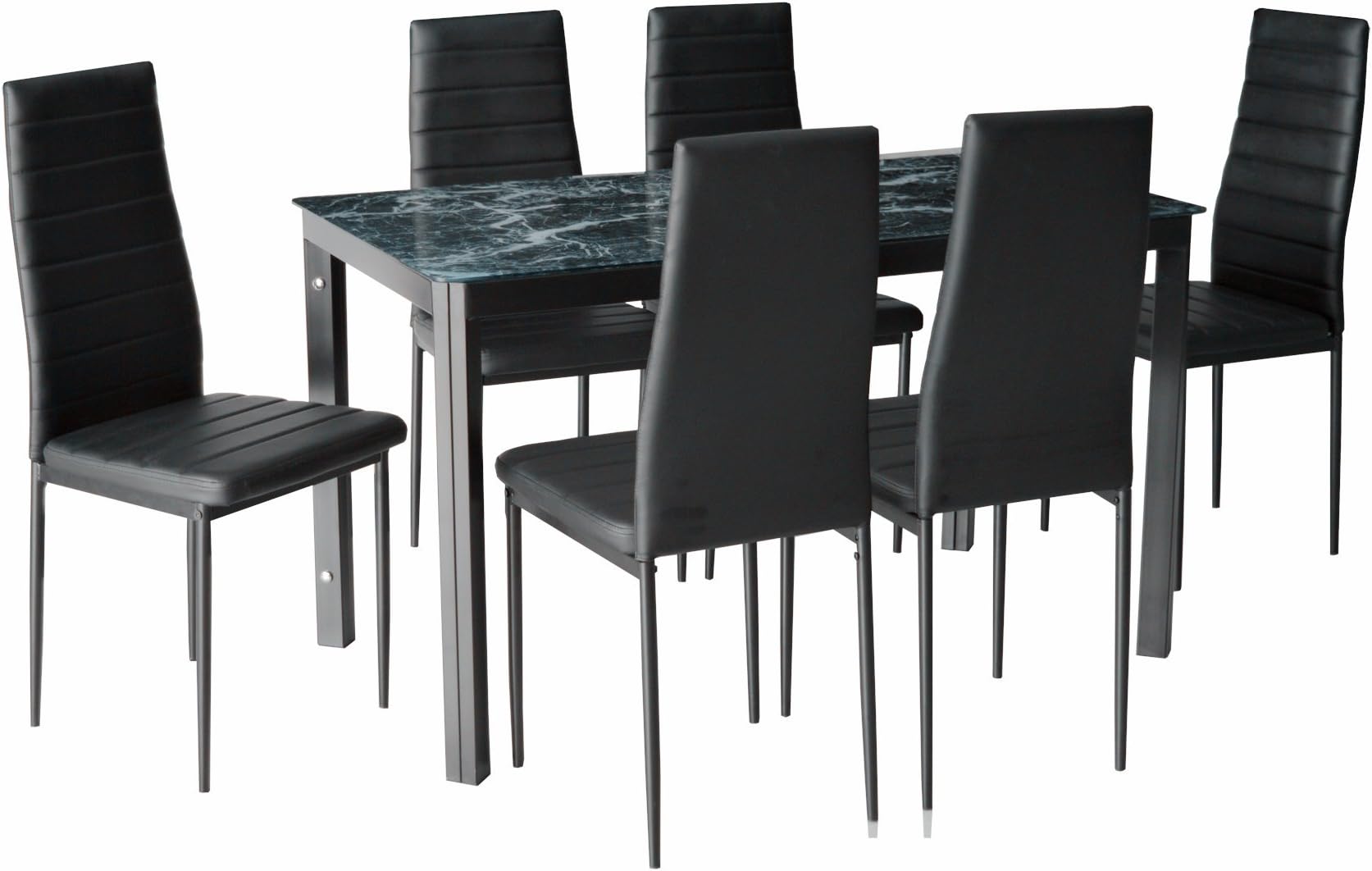 IDS Online 7 Pieces Home Dining Kitchen Furniture Set, with with Faux Marble Glass Top Metal Leg and Frame, Black,
