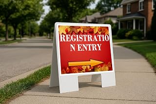 Registration Entry Autumn Frame Colorful Maple Leaves On Red Background Directional Arrows A-Frame Double Sided 23x23 in. sign