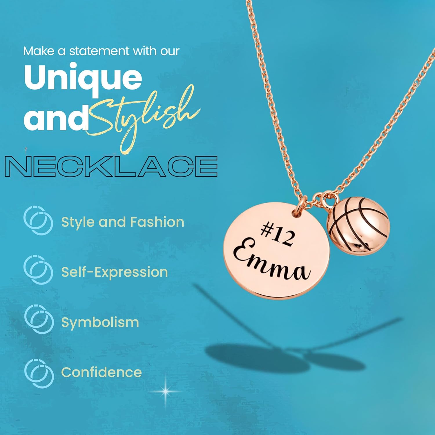 Personalized Basketball Necklace with Name and Jersey Number, Rose Gold Charm Necklace, Custom Sports Jewelry Gift for Basketball Players, Teens and Women - Image 5