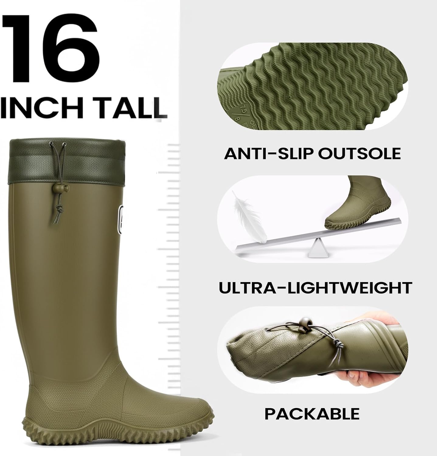 Furuian Rain Boots Women Tall Packable Garden Boots Waterproof Boots for Women Lightweight Rubber Boots Flat Mud Boots - Image 4