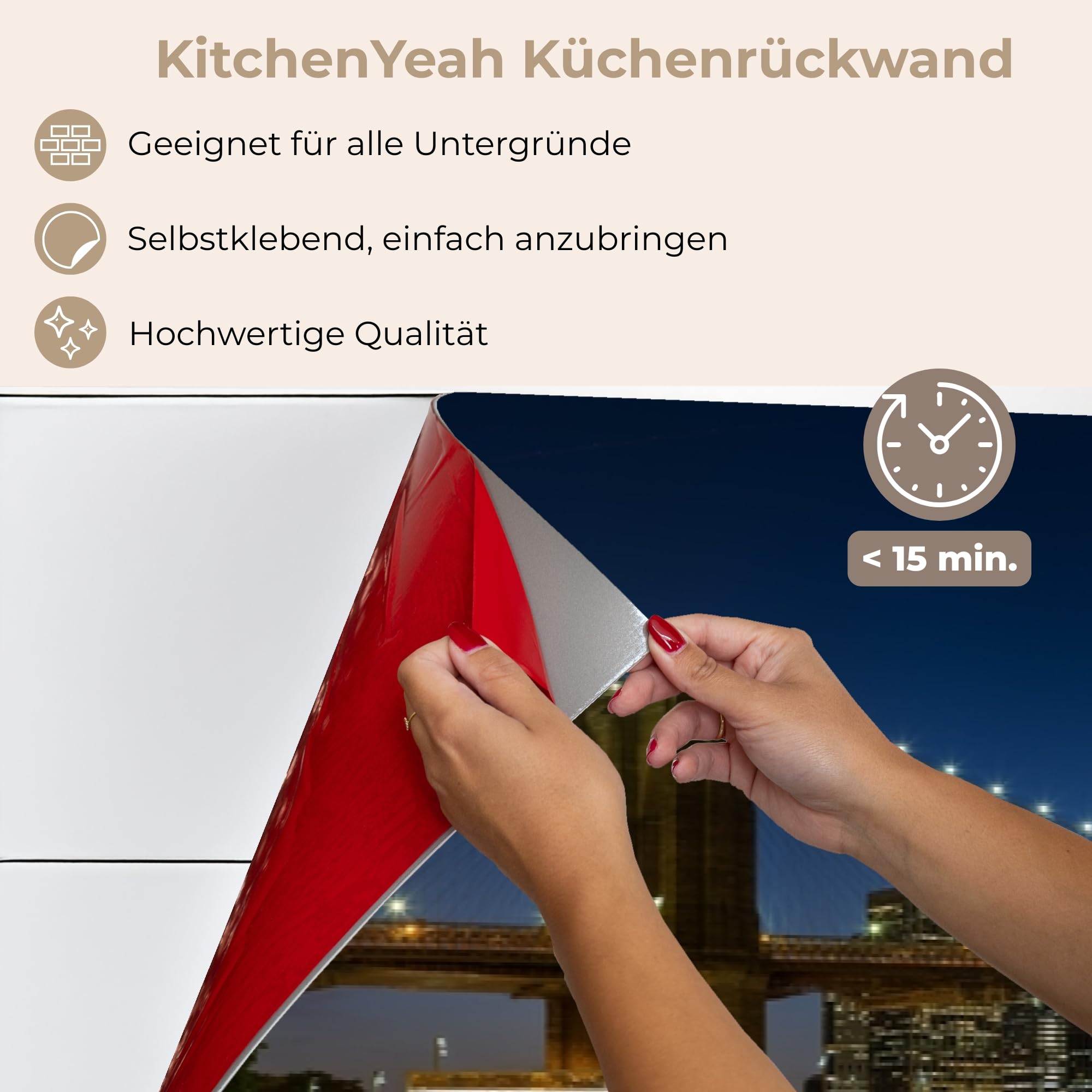 KitchenYeah© Spritzschutz Küchenrückwand 60x300 cm Selbstklebend Küche Rückwand Küchenwand Wand Küchenfront Verkleidung Küchenspritzschutz Stadtlichter - Abend - Skyline - Brücke