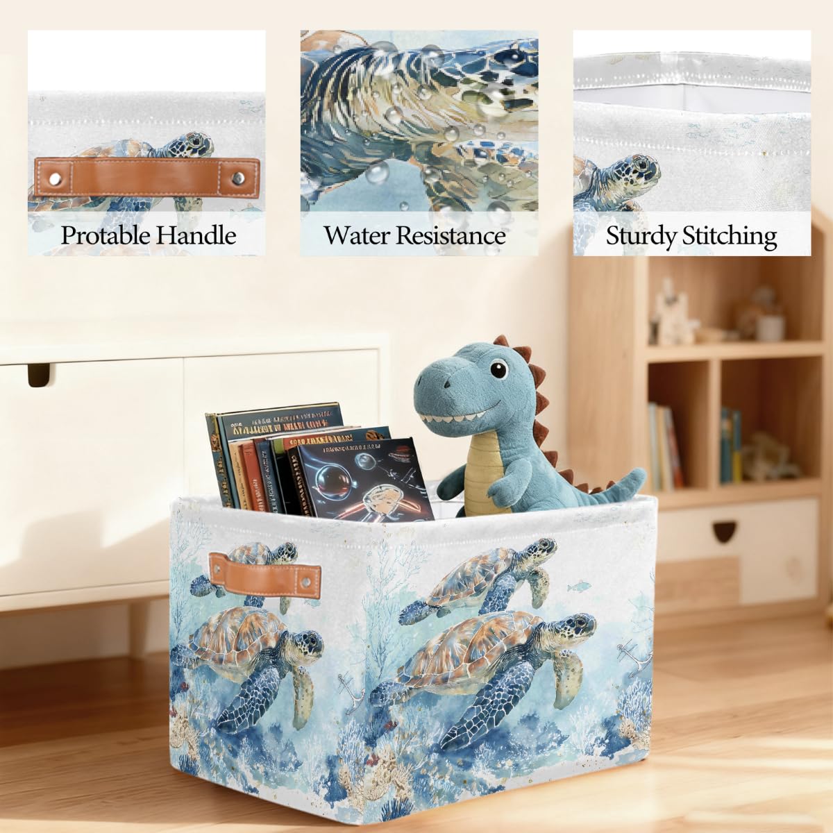 Rechteckiger Aufbewahrungskorb mit Ledergriffen, Vintage-Stil, Aquarell-Schildkrötenfisch, 2 Stück, faltbarer Stoff-Aufbewahrungskorb für Schrank, Badezimmer, Wohnzimmer, Büro, Spielzeug