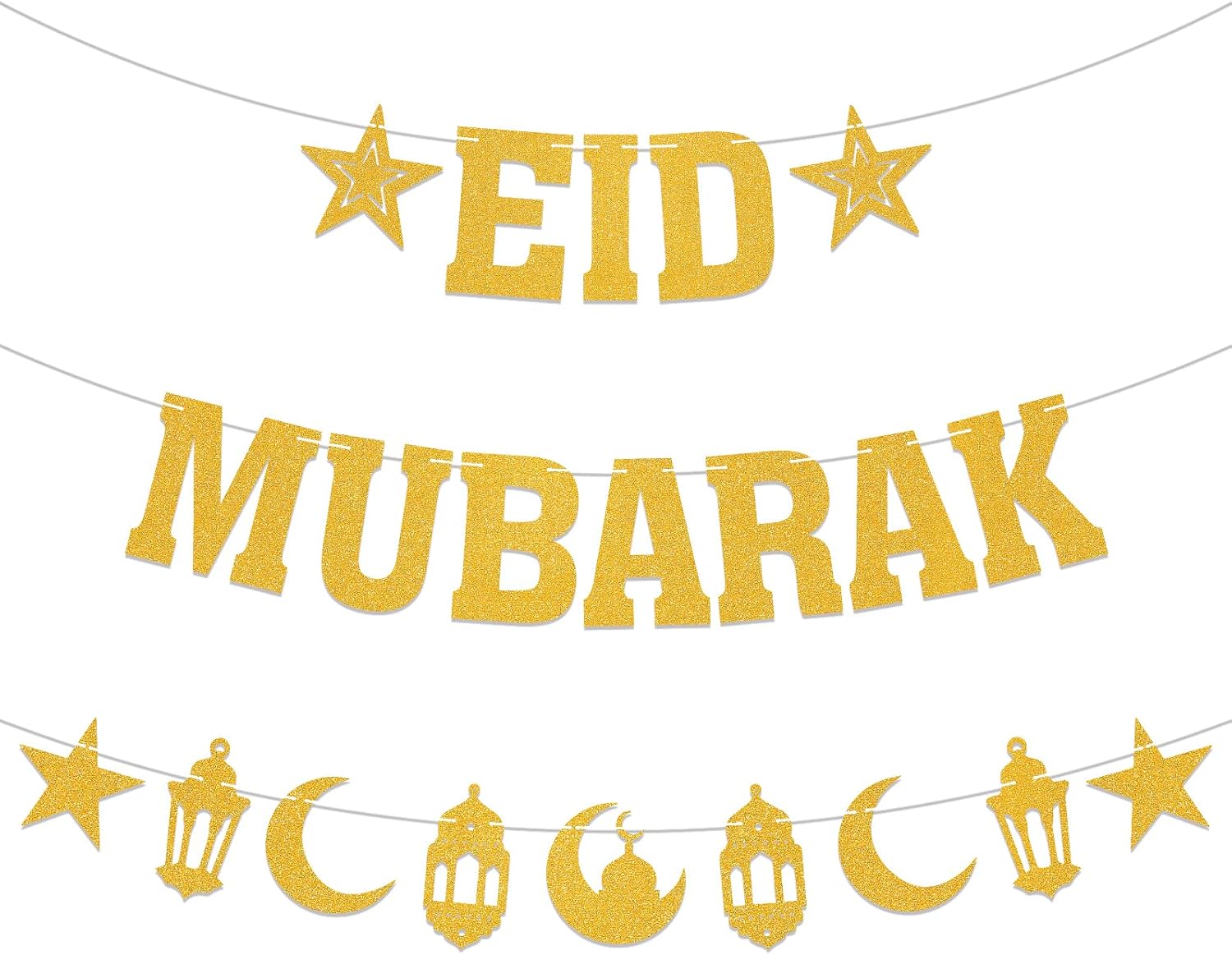 Eid Mubarak Banner with Moon and Star Ramadan Decorations for Home Ramadan Fireplace Decorations Gold Glitter