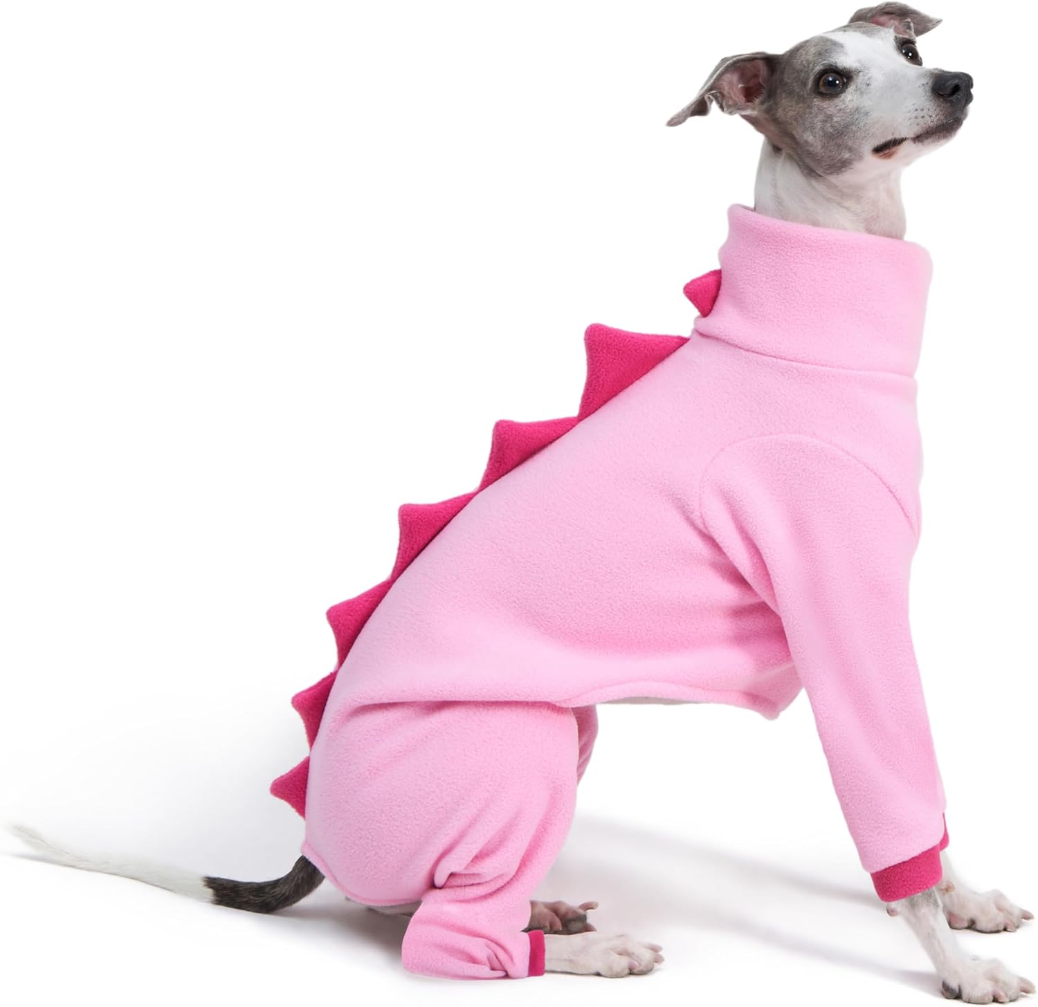 Italian Greyhound & Whippet Dog Fleece Dinosaur Onesie, Cozy Turtleneck Costume Outfit (Pink, Large)