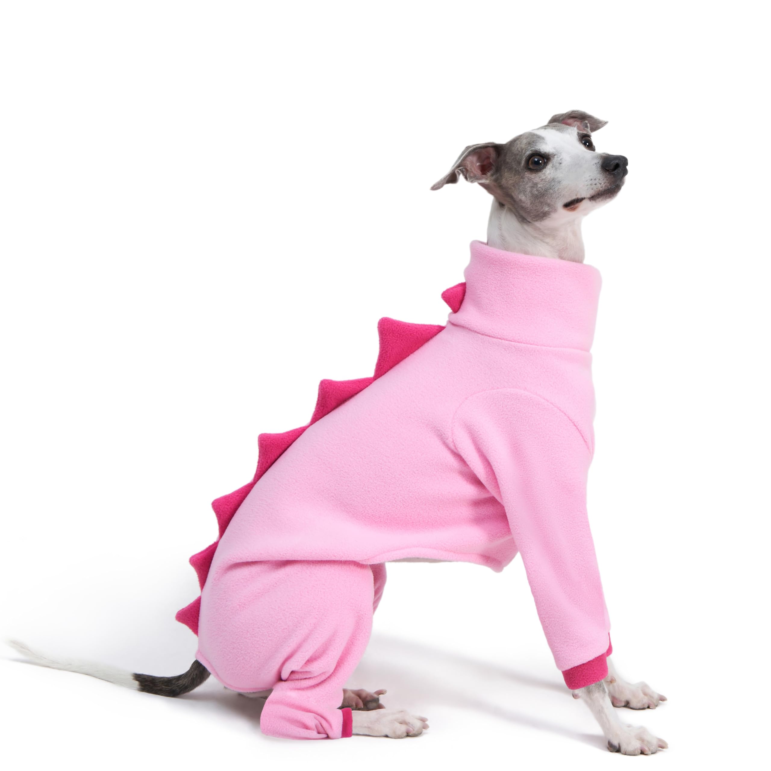 ESCCBOO Italian Greyhound & Whippet Dog Fleece Dinosaur Onesie, Cozy Turtleneck Costume Outfit (Pink, Medium)