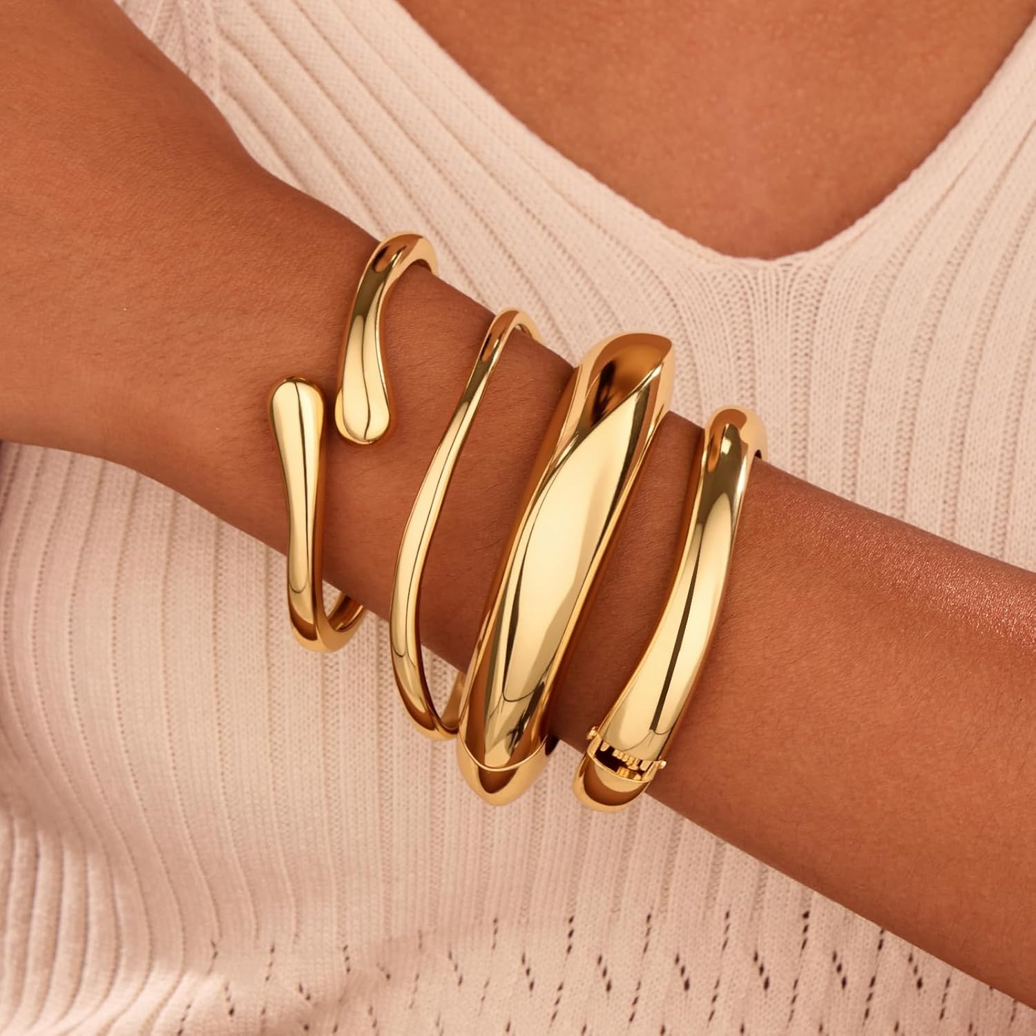 4 PCS Chunky Gold Bangle Bracelets for Women, 14k Gold Plated Big Stackable Bangles Set, Trendy Adjustable Twist Cuff Bracelet Stack Fashion Jewelry Gifts - Image 2
