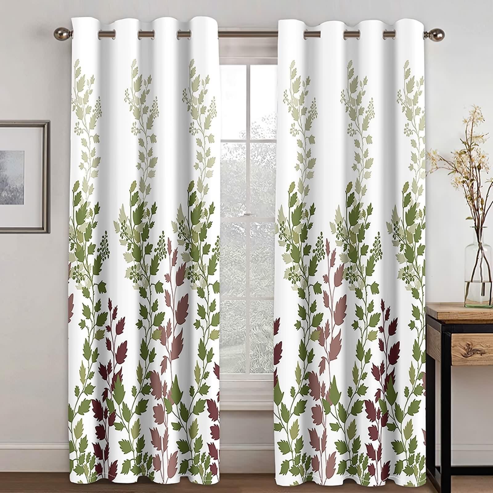 Zasłona kuchenna w stylu vintage, poliester, zielona, gałązka i wzór liści, zestaw 2 sztuk, szer. 132 x wys. 274 cm