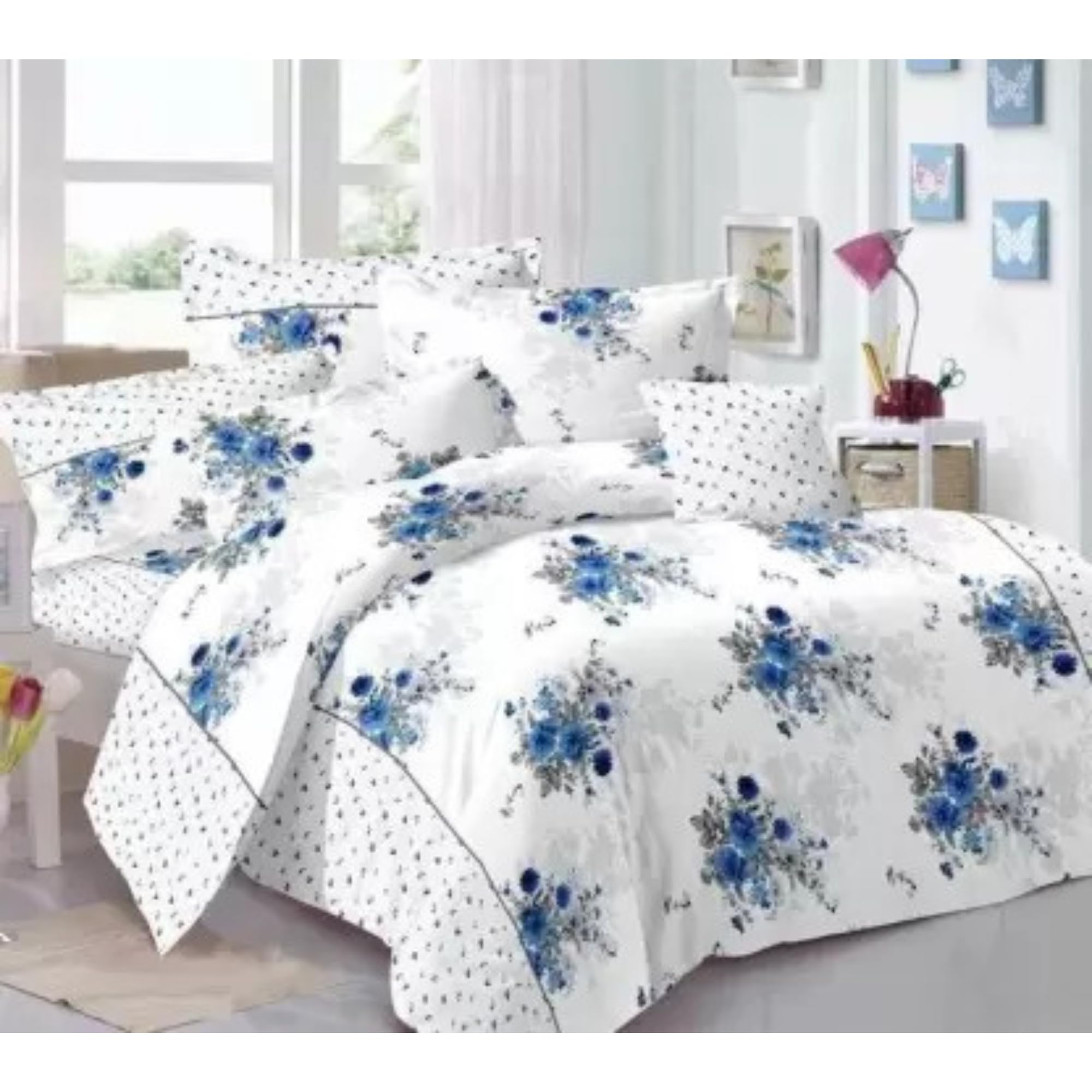 ManavRachit Microfiber Glace Cotton 210 TC Bedsheet with 2 Pillow Covers Printed King Size for Home, Hotels, Guest House, PGs & Living Room(White Lily)