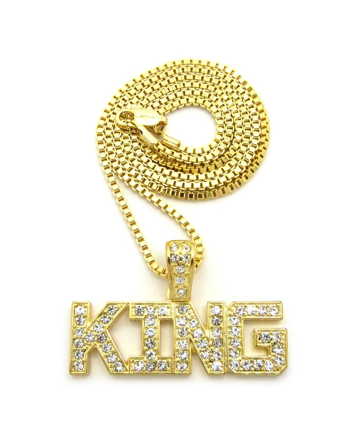 Stone Filled Words Pendant in 24" Box, Cuban, or Rope Chain Necklace KING Pendant in Gold Tone Necklace