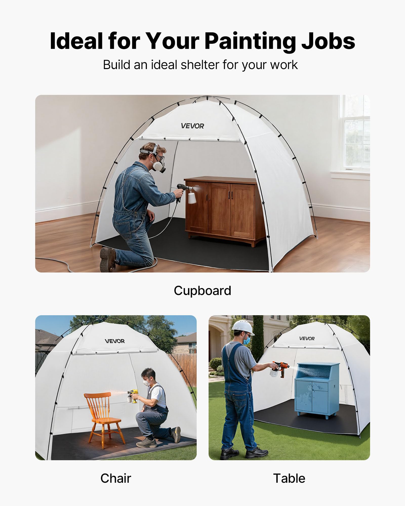 VEVOR Cabina de Pintura Portátil, Área de Trabajo de 233 x 172 x 190 cm, Impermeable, con Suelo Integrado y Puerta Enrollable para Armarios, Sillas y Mesas, para Proyectos Fluidos, Color Blanco