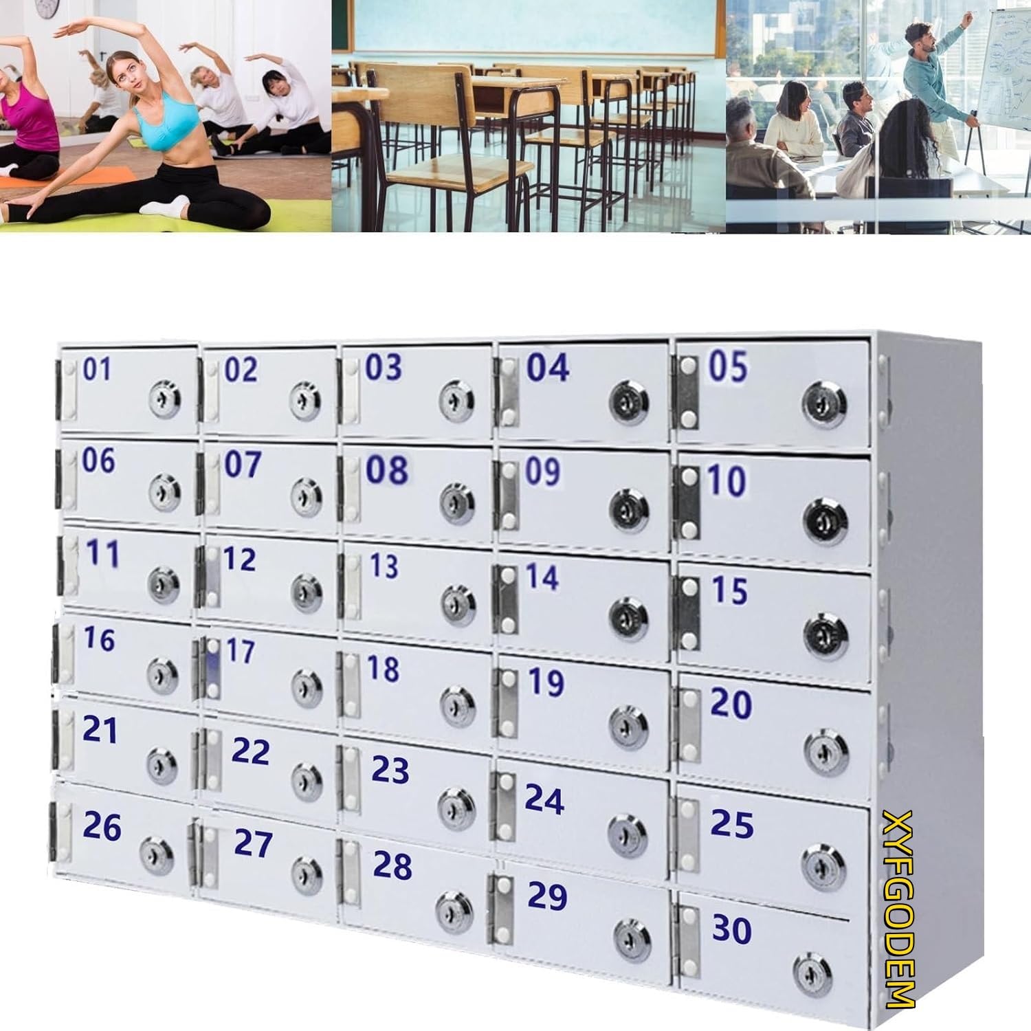 Gabinete acrílico de celulares con compartimentos transparentes y llaves para pared
