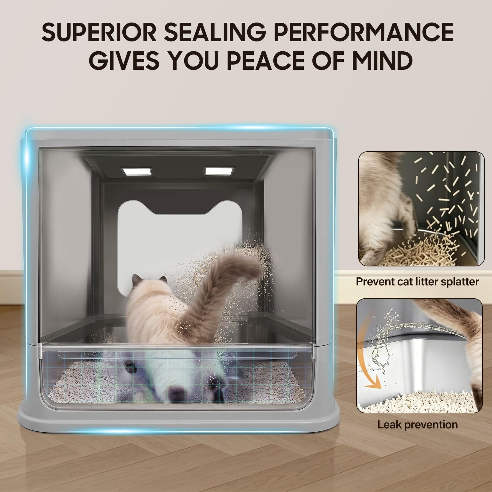 XL Arenero Gato Cubierto de Acero Inoxidable con Diseño de Cajón Cerrado | Doble Control Olores, Resistente Arañazos, Prueba Fugas, Revestimiento Antiadherente, Fácil de Limpiar, para Gatos Interior