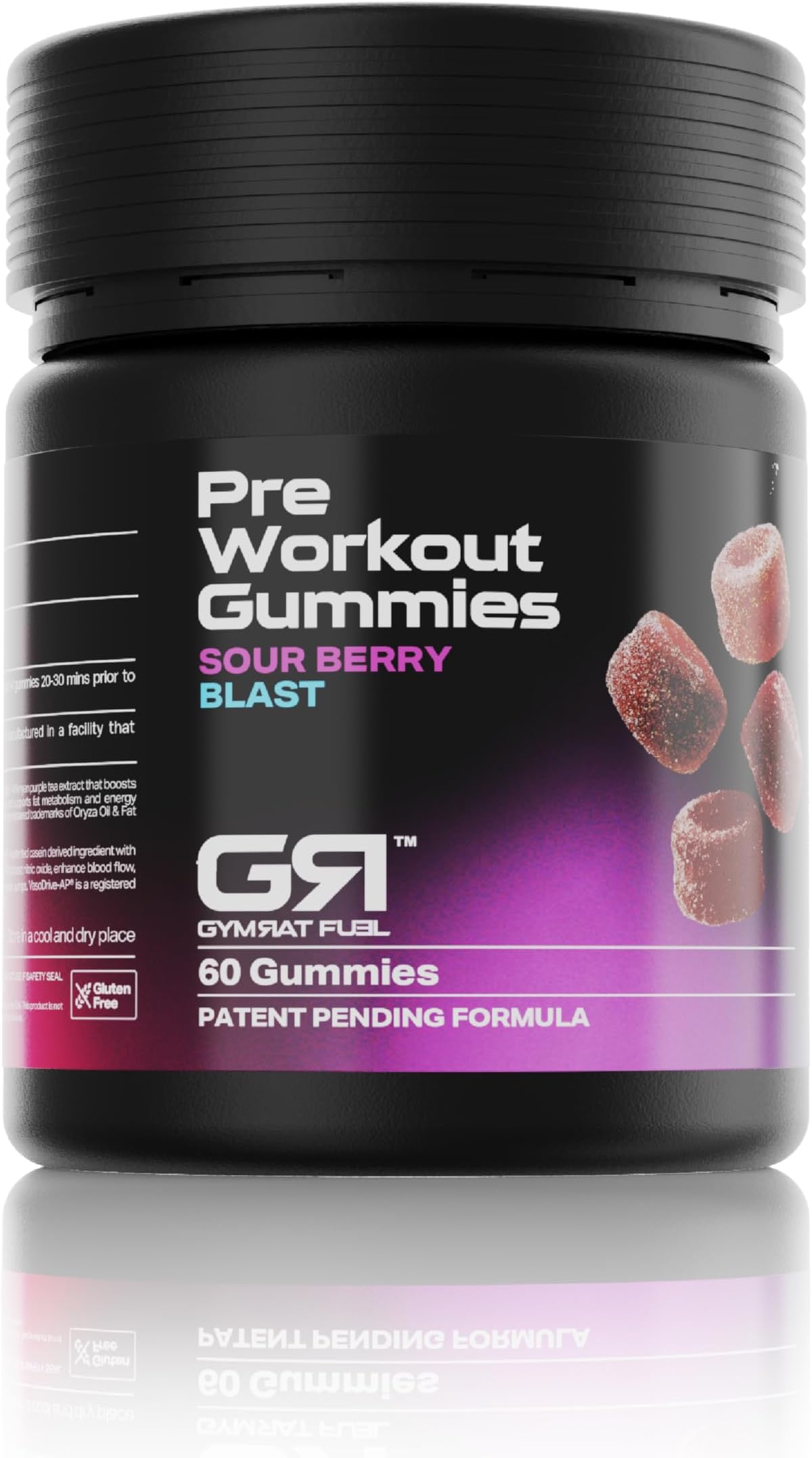 GymRat Pre Workout Gummies – Sour Berry Flavor, Intense Energy & Focus, First with Purple Force™, Vasodrive-AP, Guarana, Pea & L-Theanine – USA Made & GMP Certified (60 Ct)