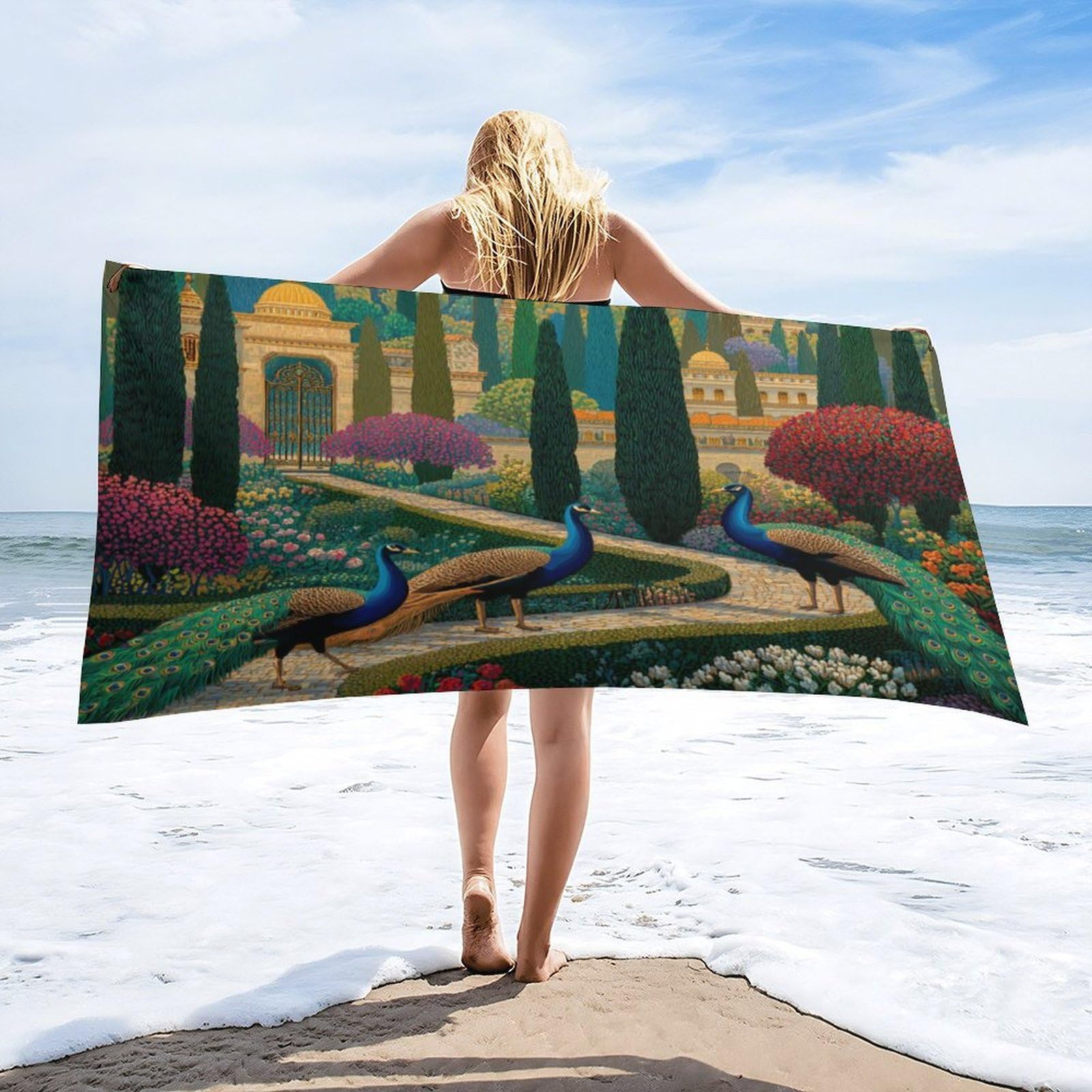 Luyysky Fantasy Realistic Elegant Peacock Quick-Drying Beach Towel, Modern Romantic Spring Garden Animal Peacock Plant Flowers Travel Vacation Single Sided Pile Bathroom Towels-80 W Cm X 160" L Cm