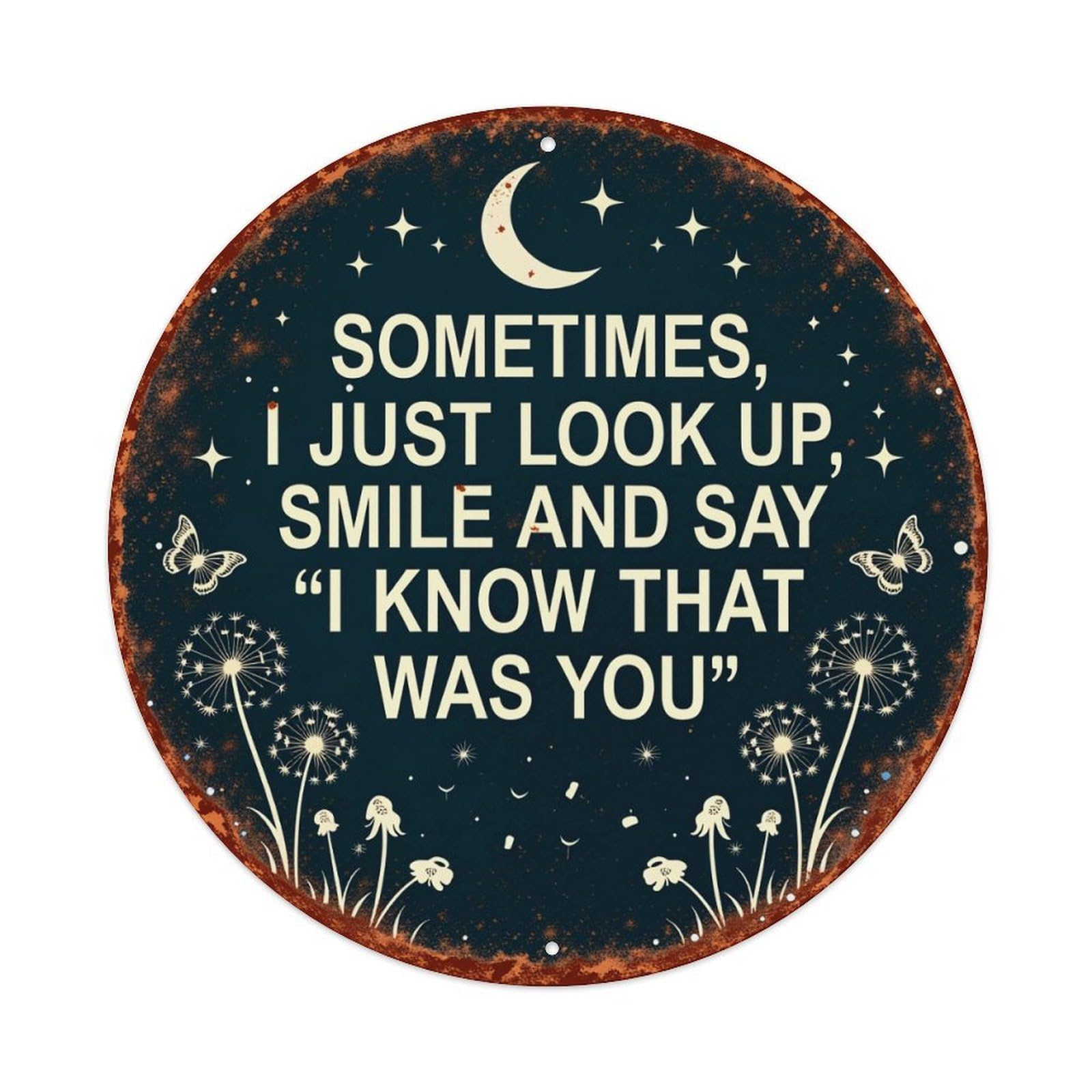 Wmlzdnwr Vintage Night Sky With Moon Stars Butterflies And Dandelions Round Tin Sign,Retro Wall Art,Metal Poster For Home, Bar, Garage, Cafe, Rustic Indoor & Outdoor Decor, 8X8 Inches