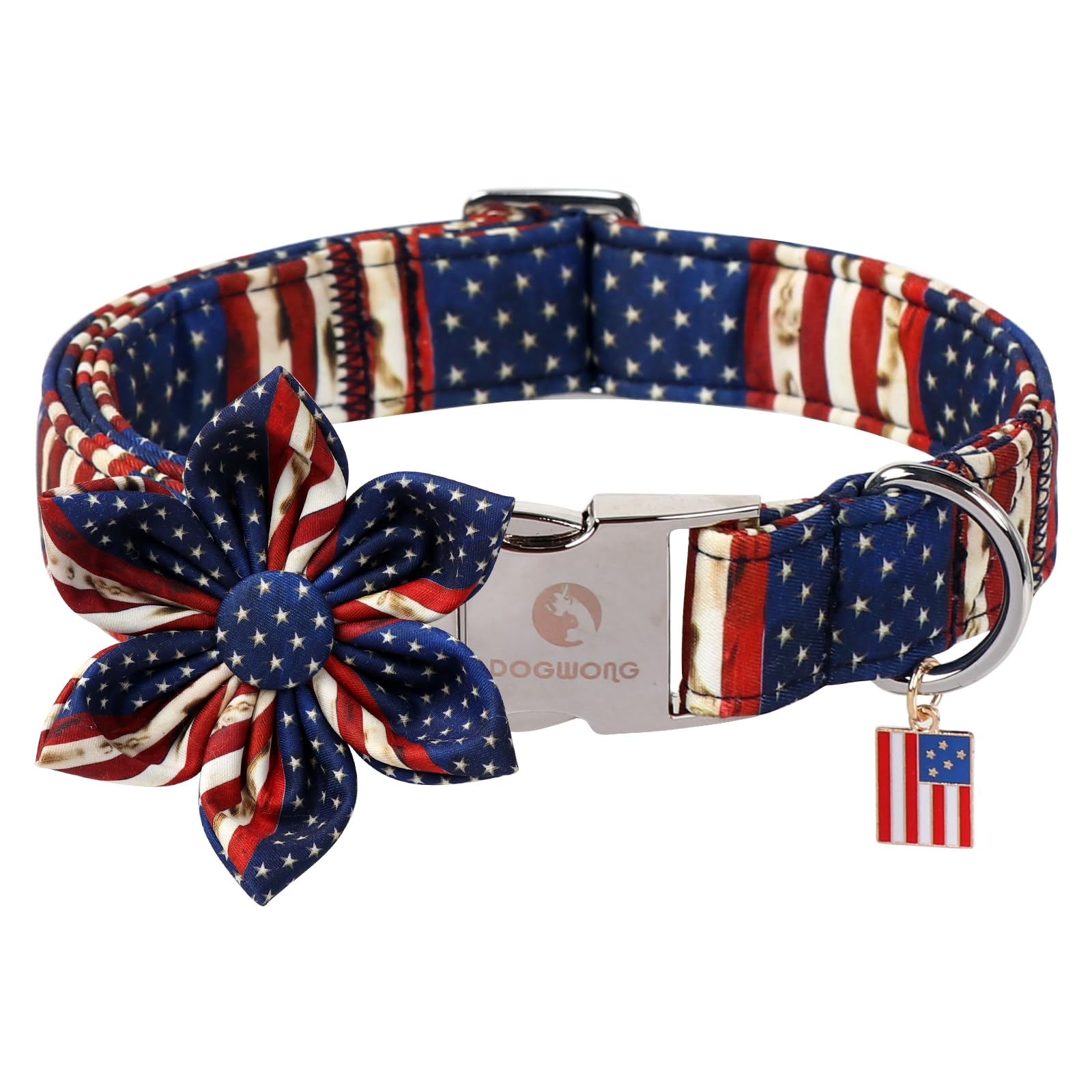 DOGWONG Ameirican Flag Dog Collar with Flower - Independence Flower Dog Collars, Adjustable Patriotic Pet Collars 4th of July Dog Collar for Small