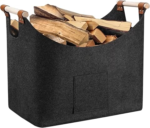 Cesta de Fieltro para Leña de Chimenea, 60LBolsa de Almacenamiento, Cesta Plegable con Asa, Para Compras y Juguetes (44X31X40cm)