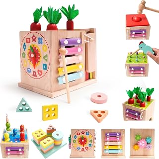 9in1 Wooden Baby Activity Cube,Multifunctional Baby Activity Center,Montessori Toys for Babies 6-12 Months with Fishing,Bead Maze,Stacking Blocks Toy Ball for Baby,etc.Sensory Toys for Toddlers 1-3