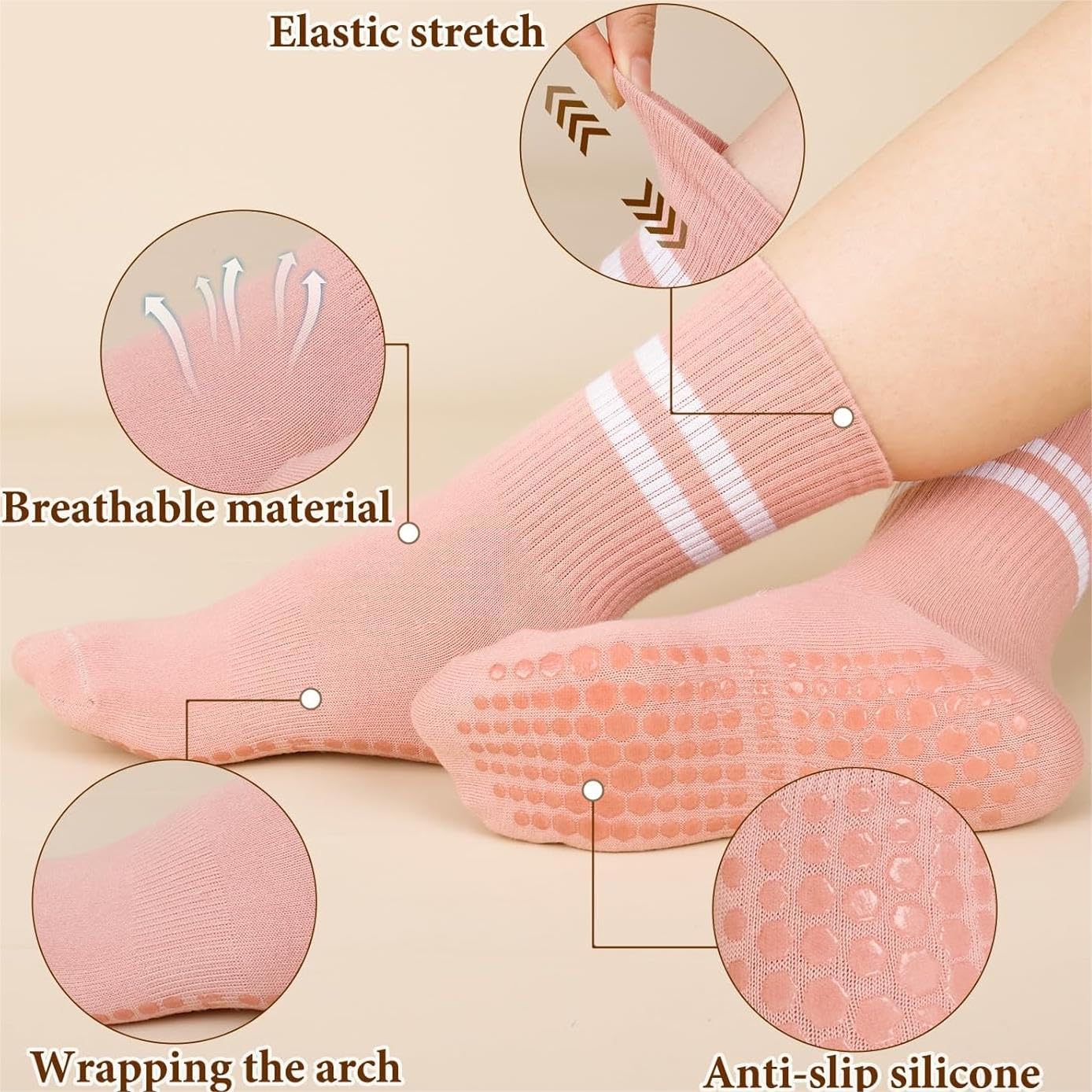 CKKAPTURE 4 Pairs Women's Pilates Anti-Slip Socks - Long Non-Slip for Pilates, Ballet, Hospital (1 Blue/ 1 Green/ 1 Purple/ 1 Pink)