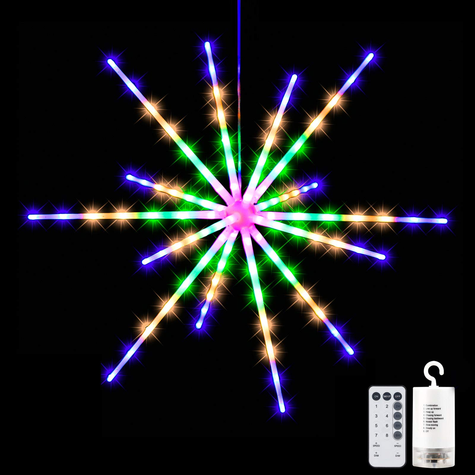 Tiandirenhe Hanging Starburst Light,112 LED Firework Fairy Starburst String Lights LED Meteor Light with Remote, 8 Lighting Modes Operated, Starry Light for Garden Party Christmas (Multicolor)