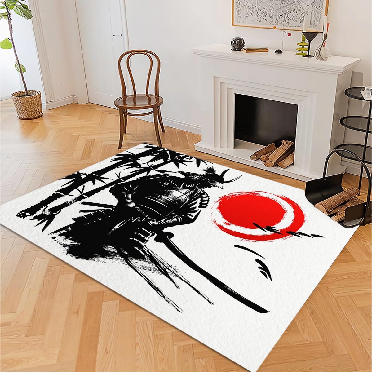 Tapis de Salon 80x150 cm Peinture L'Encre Samouraï Japonais, Tapis Lavable en Machine et Antidérapant - Moquette à Poil Ras Doux pour Chambre et Bureau - Blanc